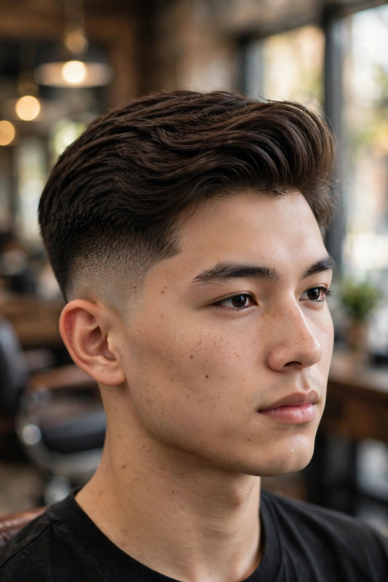 young man with fresh two block haircut and clean faded sides in a barbershop