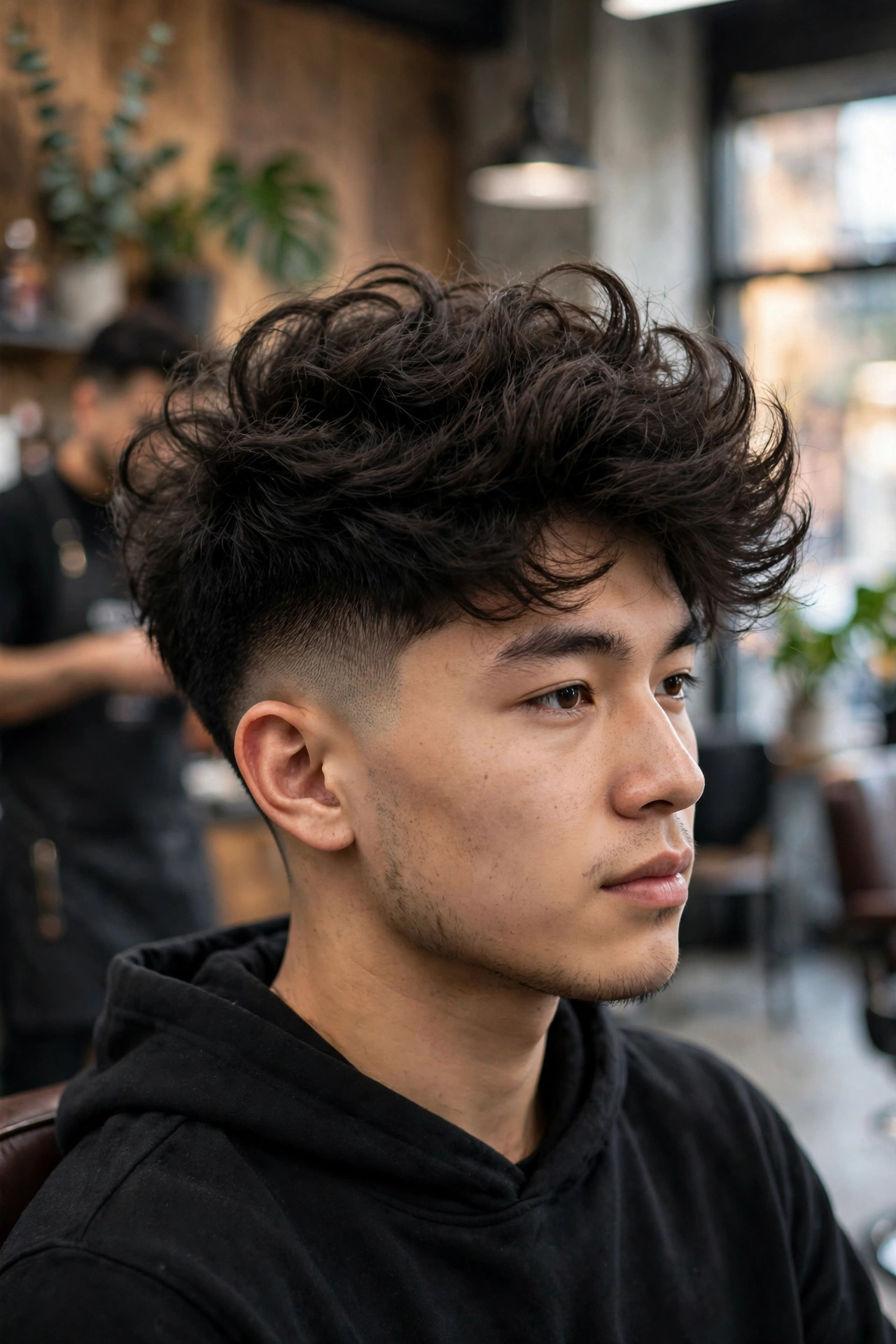young man with a two block haircut seated in a modern barbershop