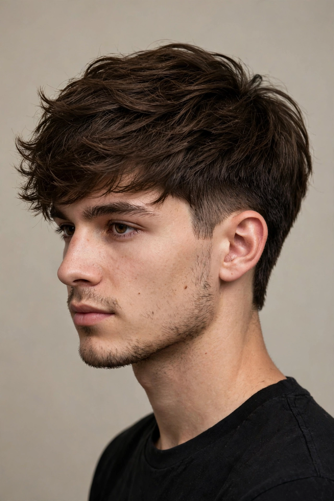 three-quarter studio portrait showing the two block haircut structure with long layered top and short sides