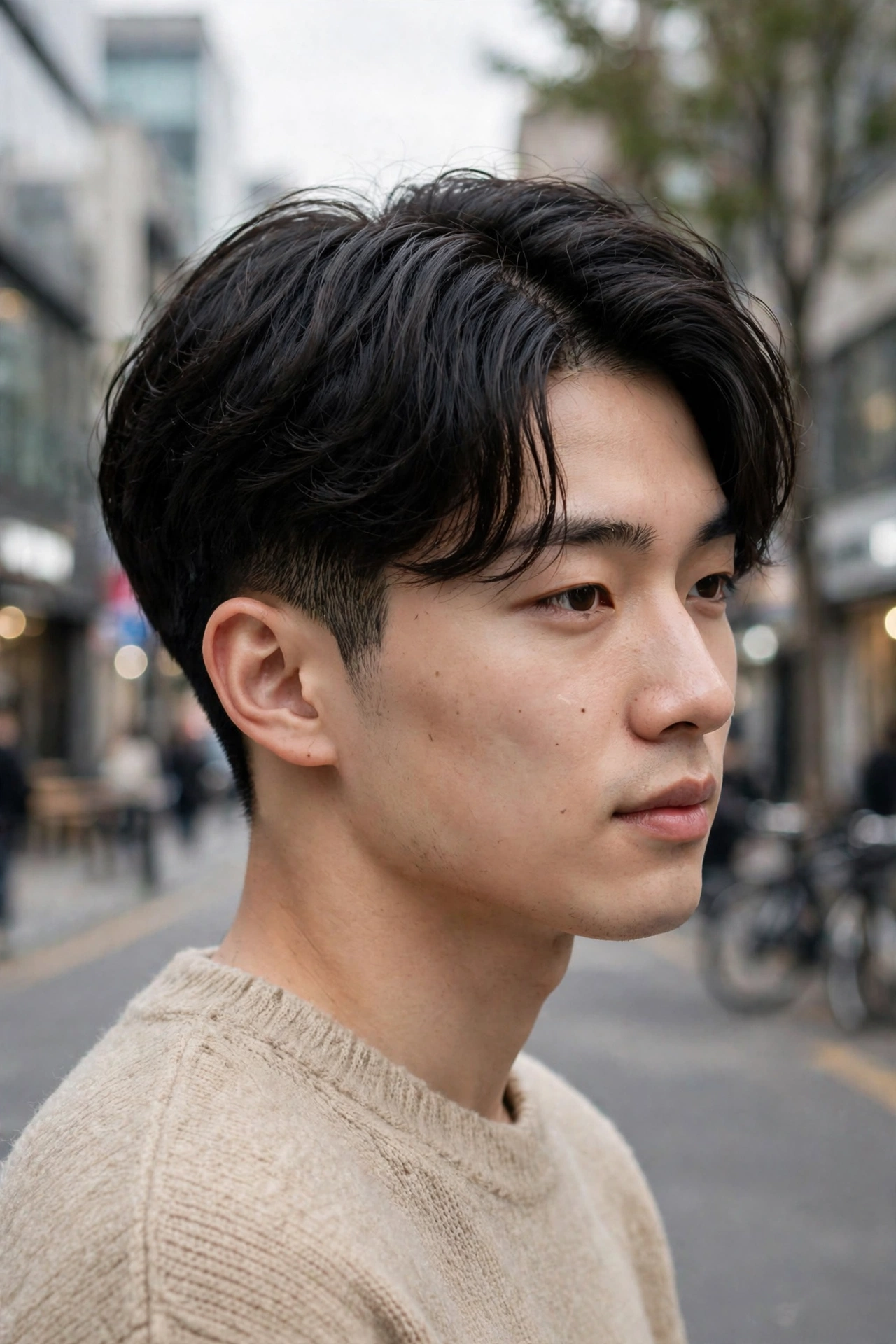 street-style outdoor photo of a young Korean man with a two block haircut and middle part