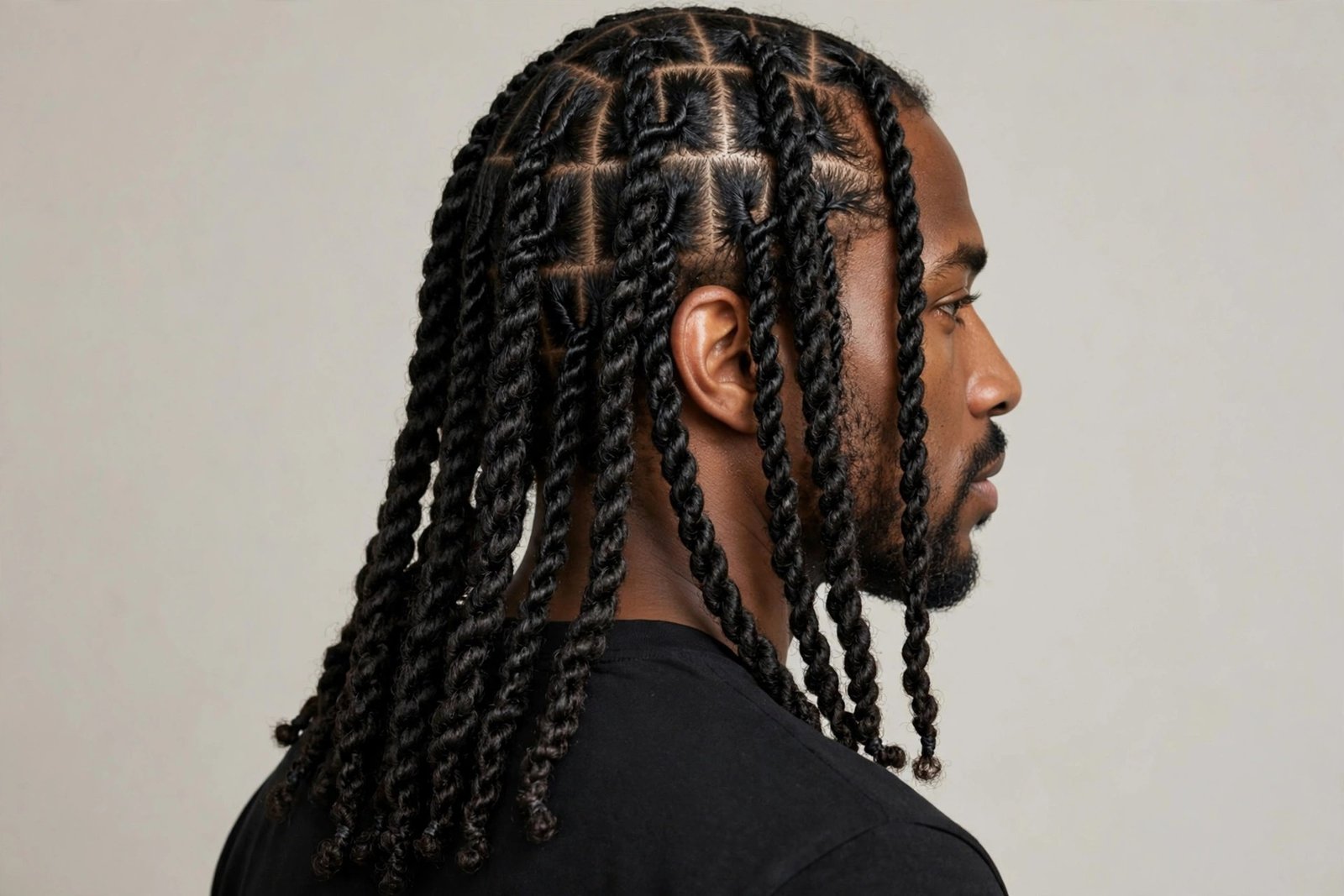 Classic medium length two strand twists men, neat rope-twisted sections with clean parts