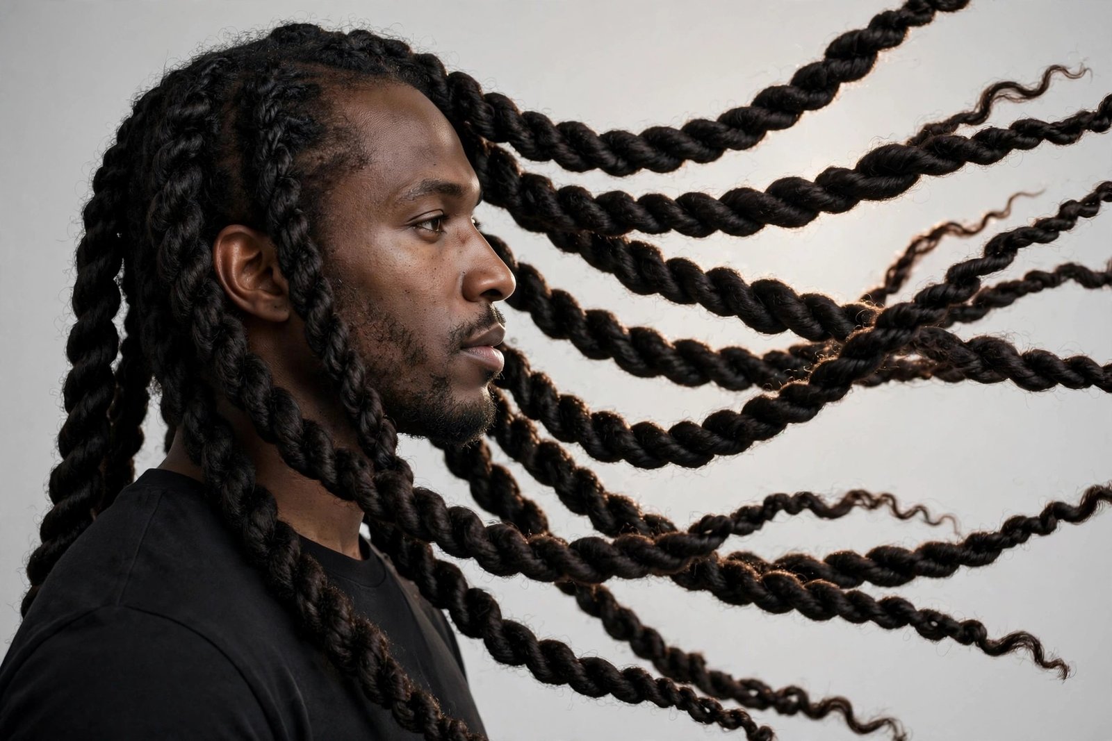 Long two strand twists men, shoulder length twisted hair with full volume