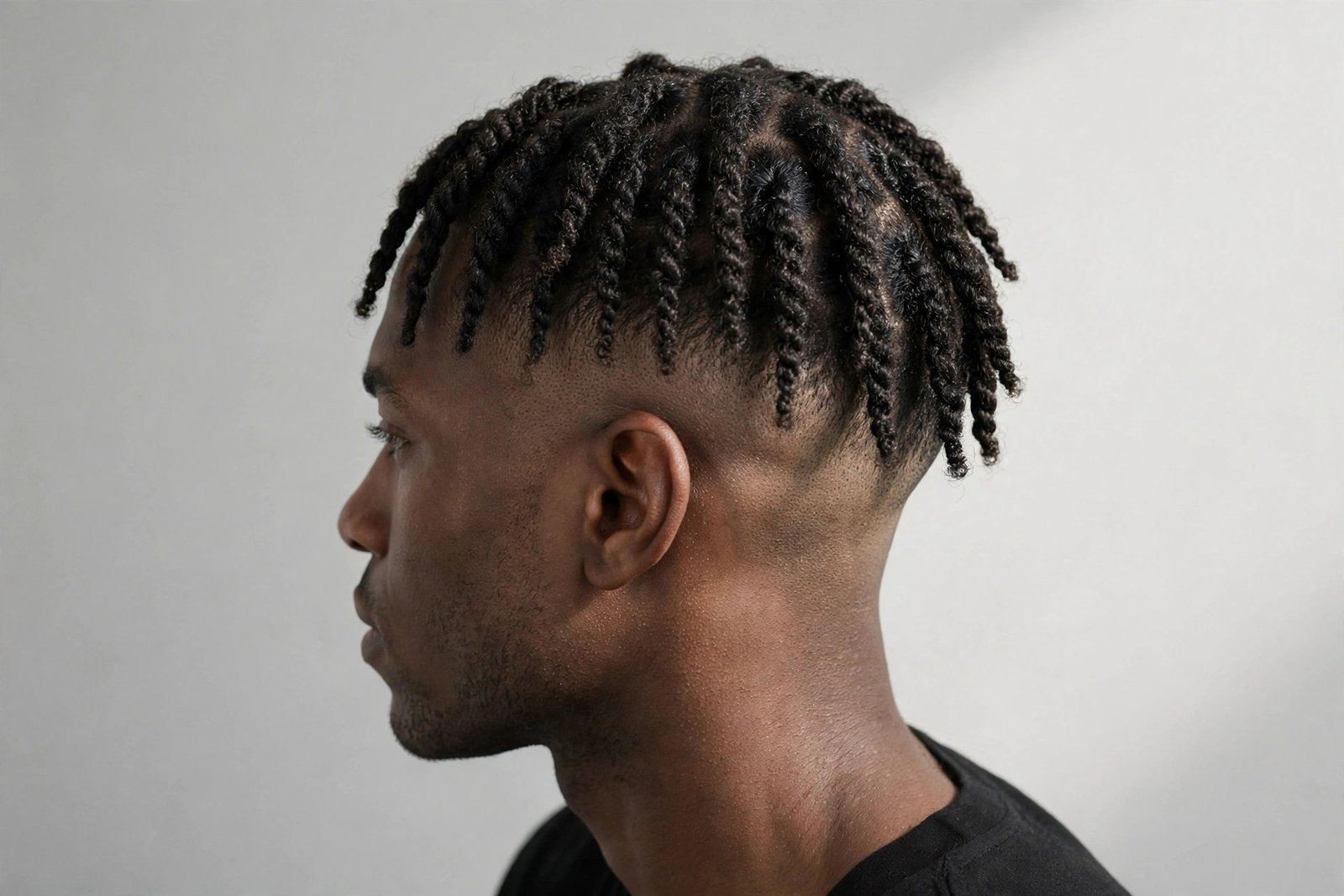 Two strand twists men with low fade, twisted top with clean faded sides