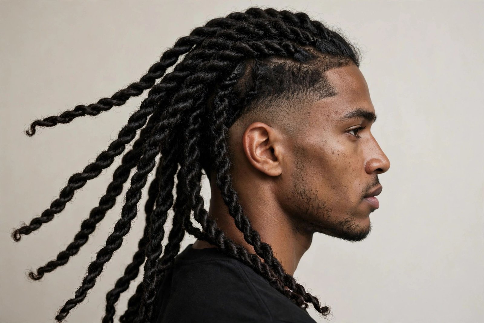 Two strand twists men with undercut, long twists on top with disconnected short sides