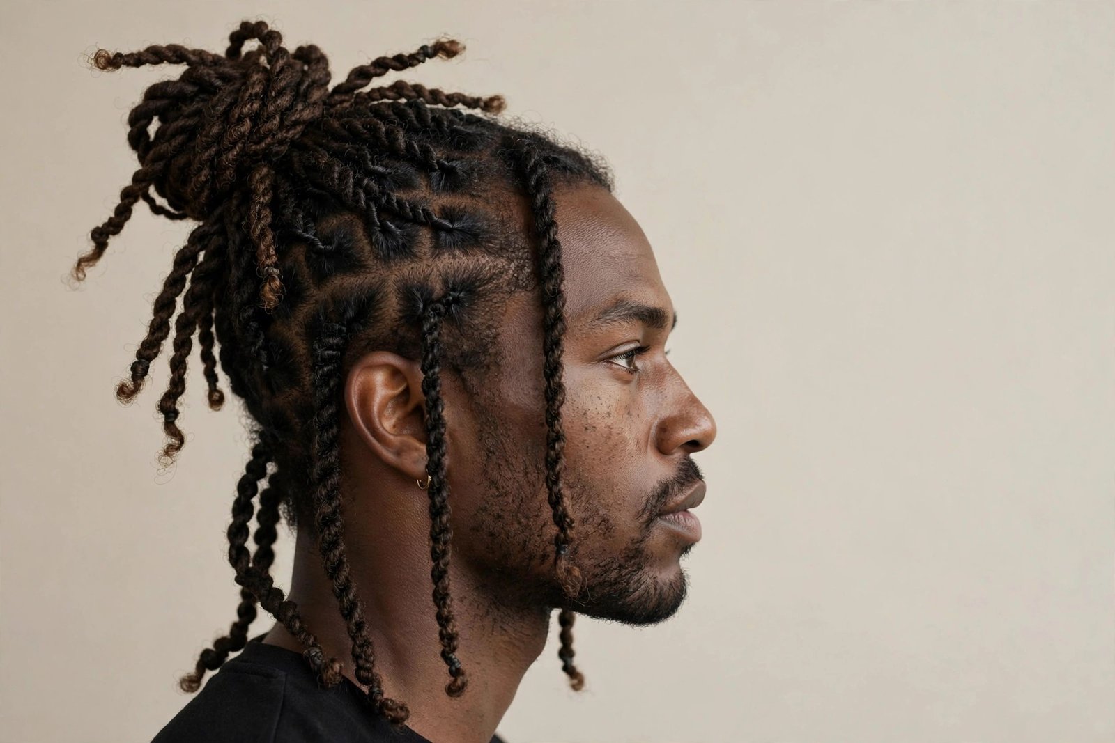 Two strand twists men in top knot, twisted hair gathered into stylish bun