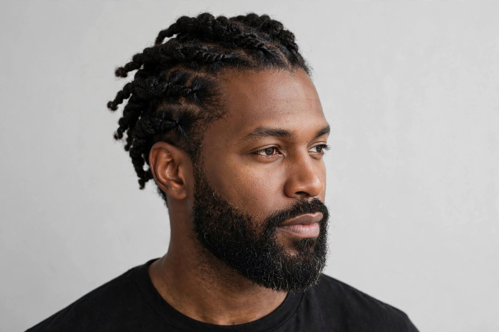 Two strand twists men with full beard, twisted hair paired with groomed beard