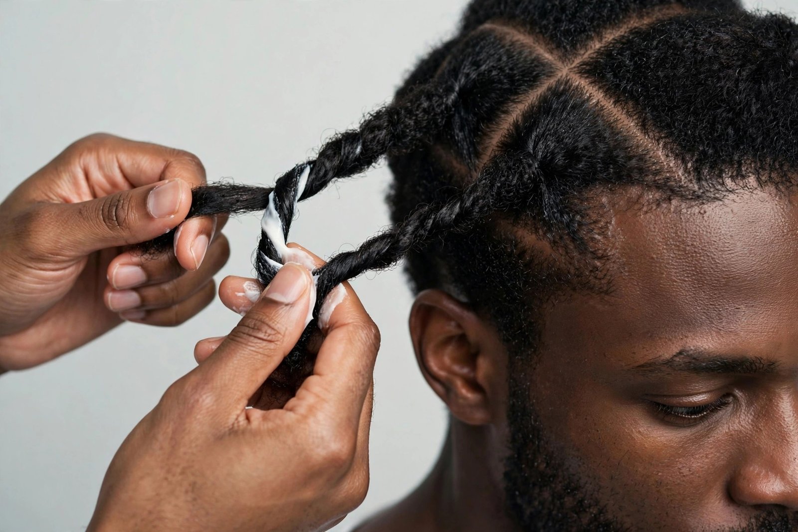 Man applying twisting butter to two strand twist sections, twist maintenance routine