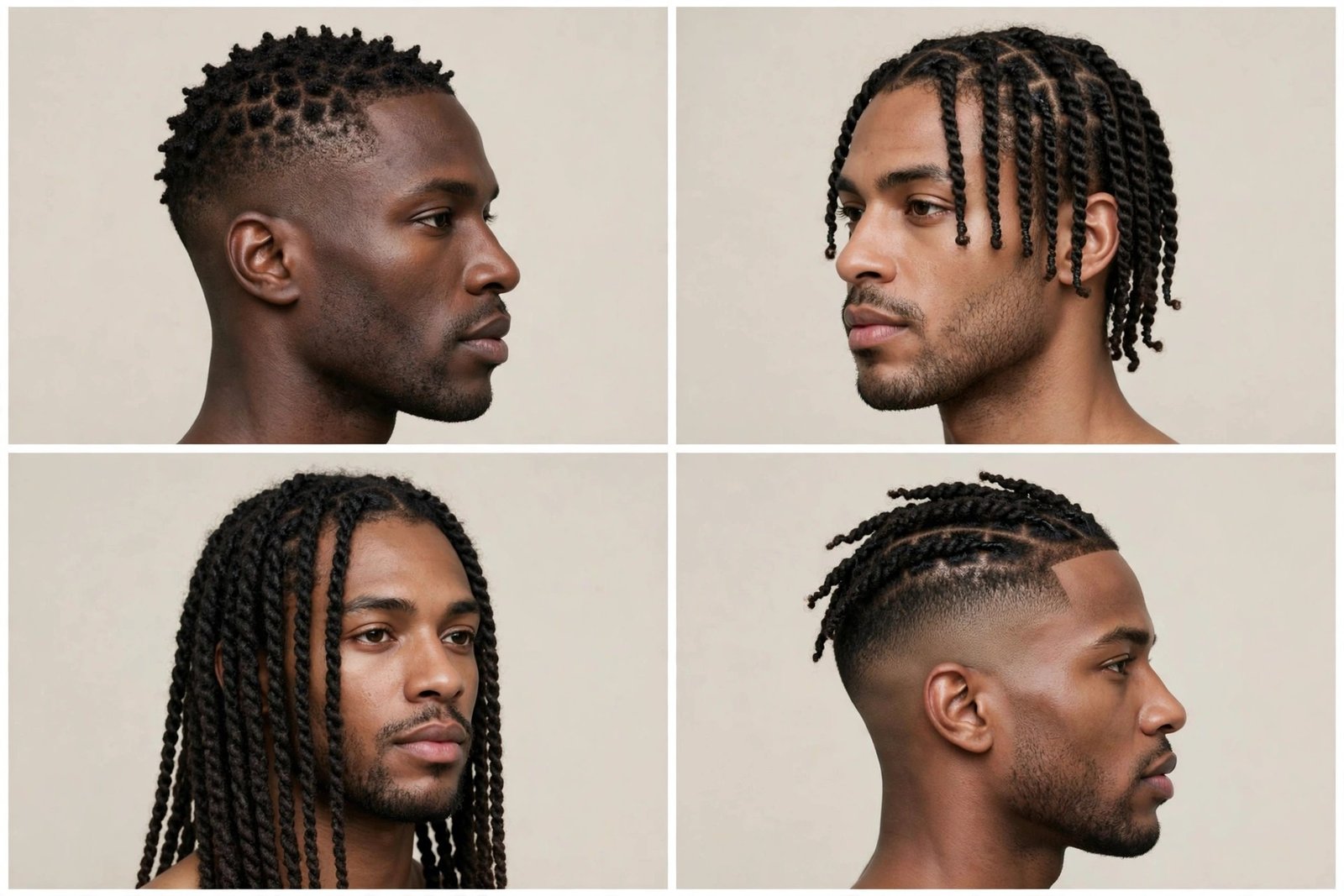 Collection of two strand twist styles for men showing varied lengths and parting patterns