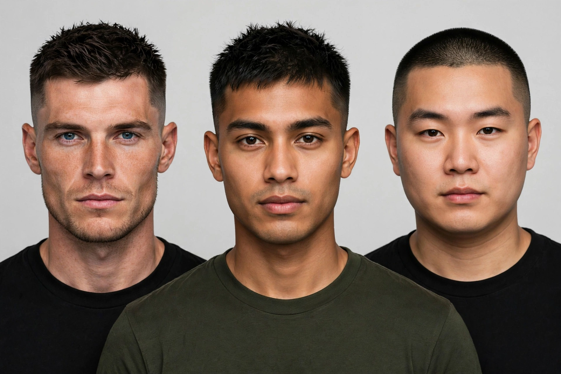 three male models with different face shapes wearing warrior cuts, studio lighting