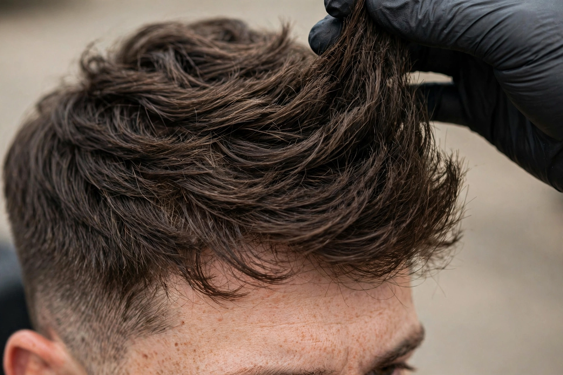 close-up of a man's hair showing three to four inches of textured length on top