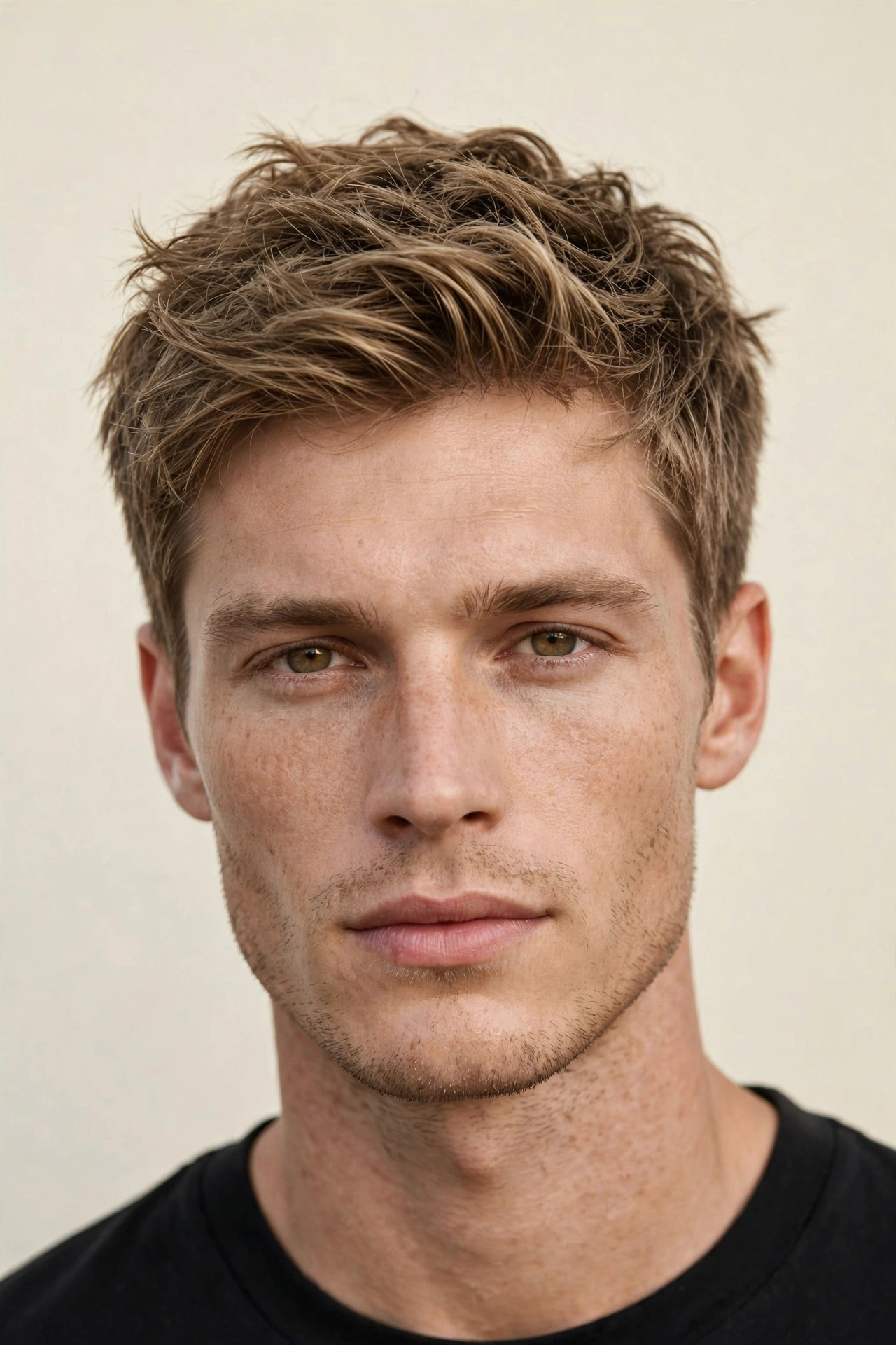 male model with fine hair wearing a textured short warrior cut, natural light