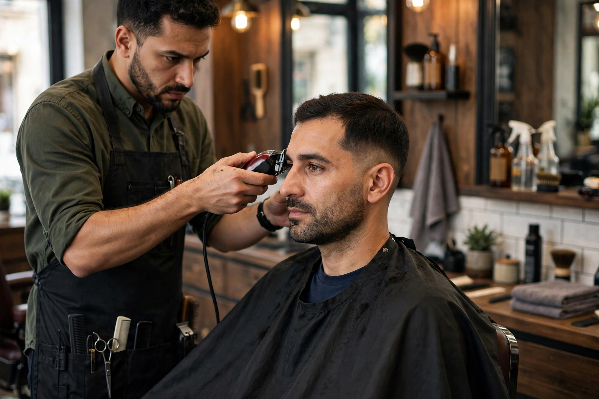 man getting a quick trim touch-up at the barbershop, sides being faded