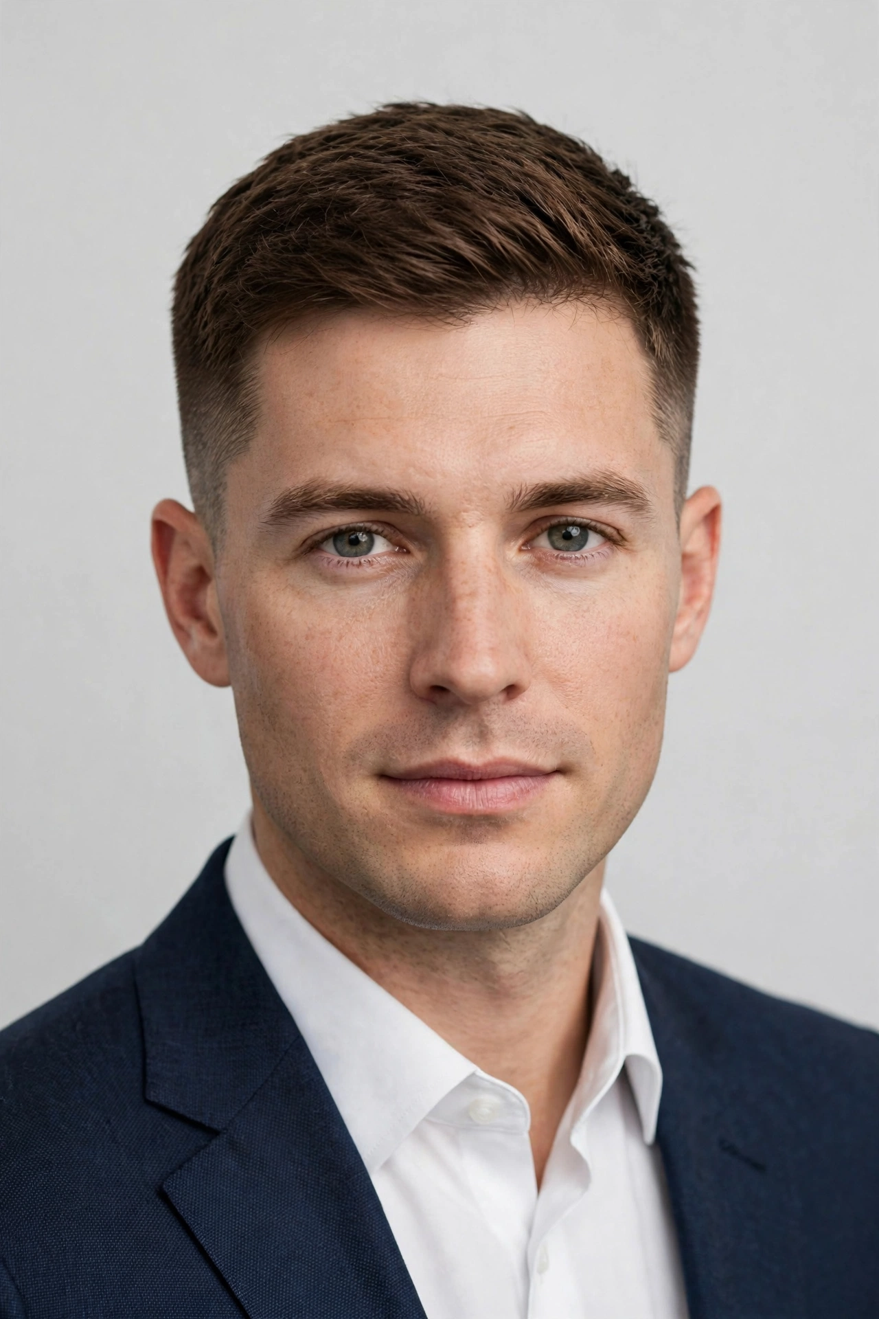 man in business attire with a neat subtle warrior cut, office setting