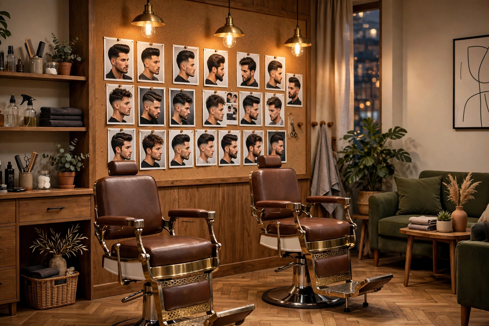 barbershop interior with warrior cut style chart on wall, warm lighting