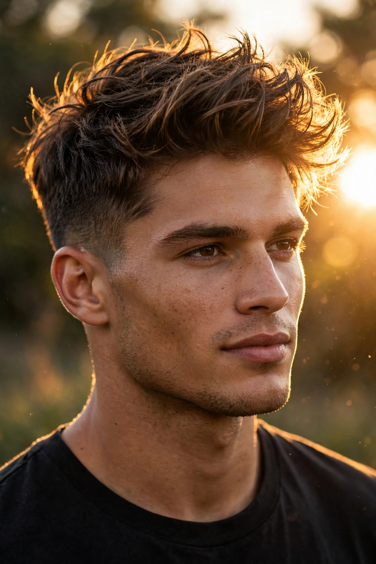confident male model with sharp warrior cut, golden hour portrait, premium photography