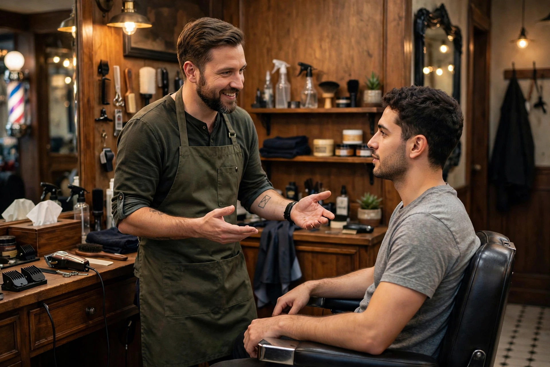 barber consulting with male client in barbershop chair, discussing the warrior cut