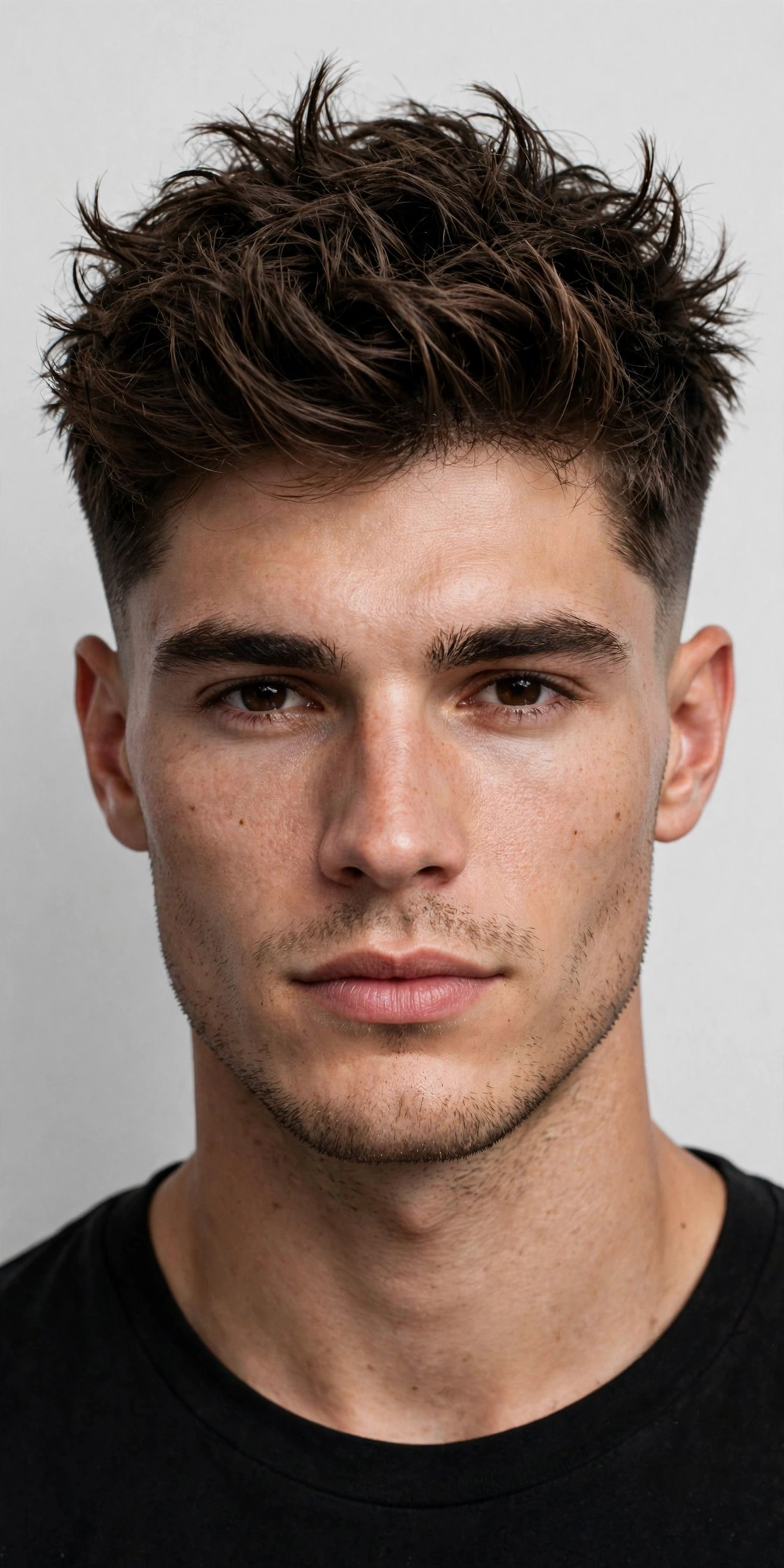 male model with the classic warrior cut, medium textured top, clean low taper sides, studio portrait