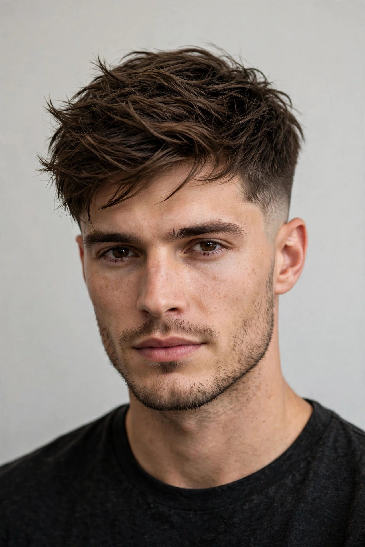 male model with warrior cut and low taper fade, neat sides, premium barbershop photo