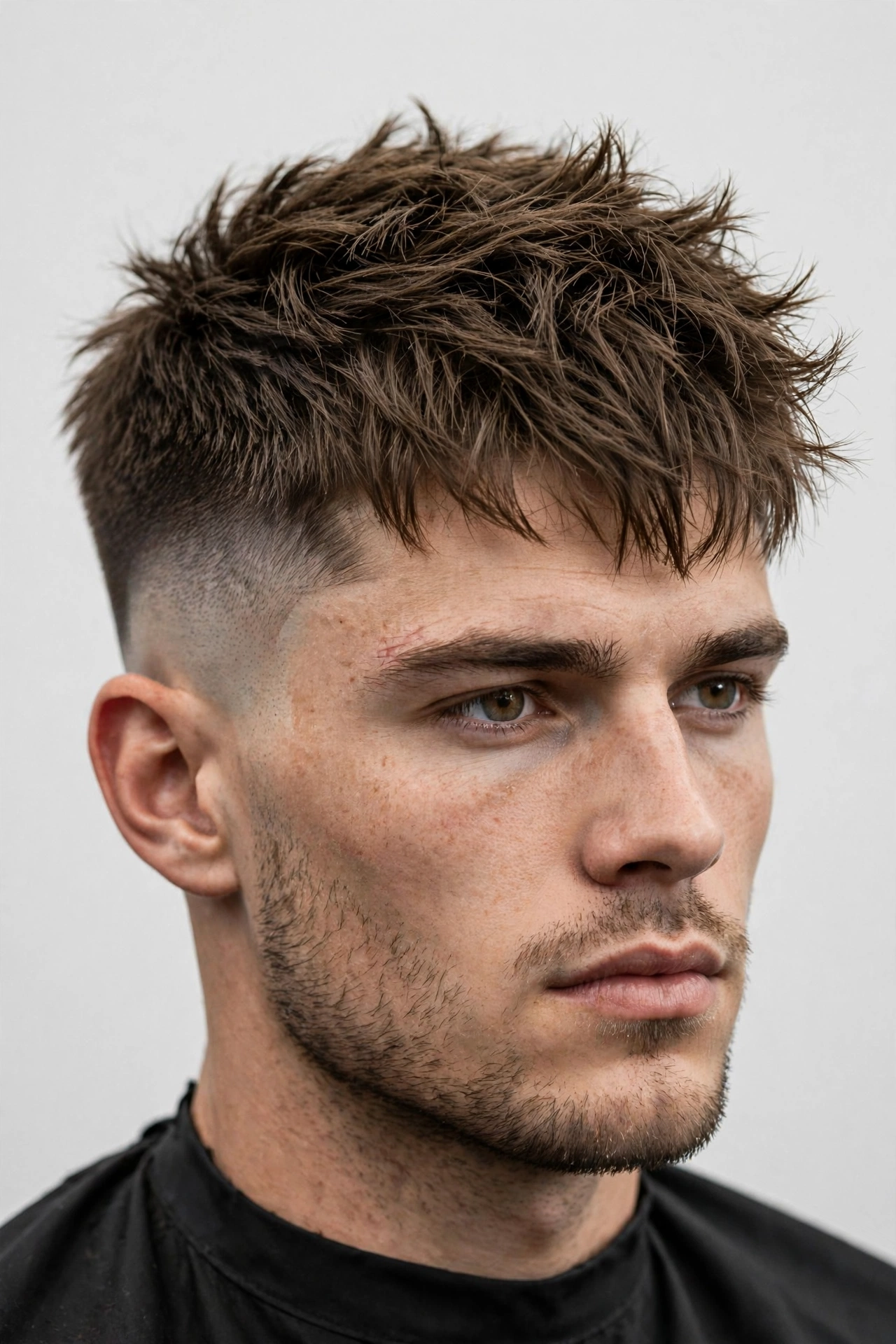 male model with warrior cut and mid fade, sharp contrast between textured top and faded sides