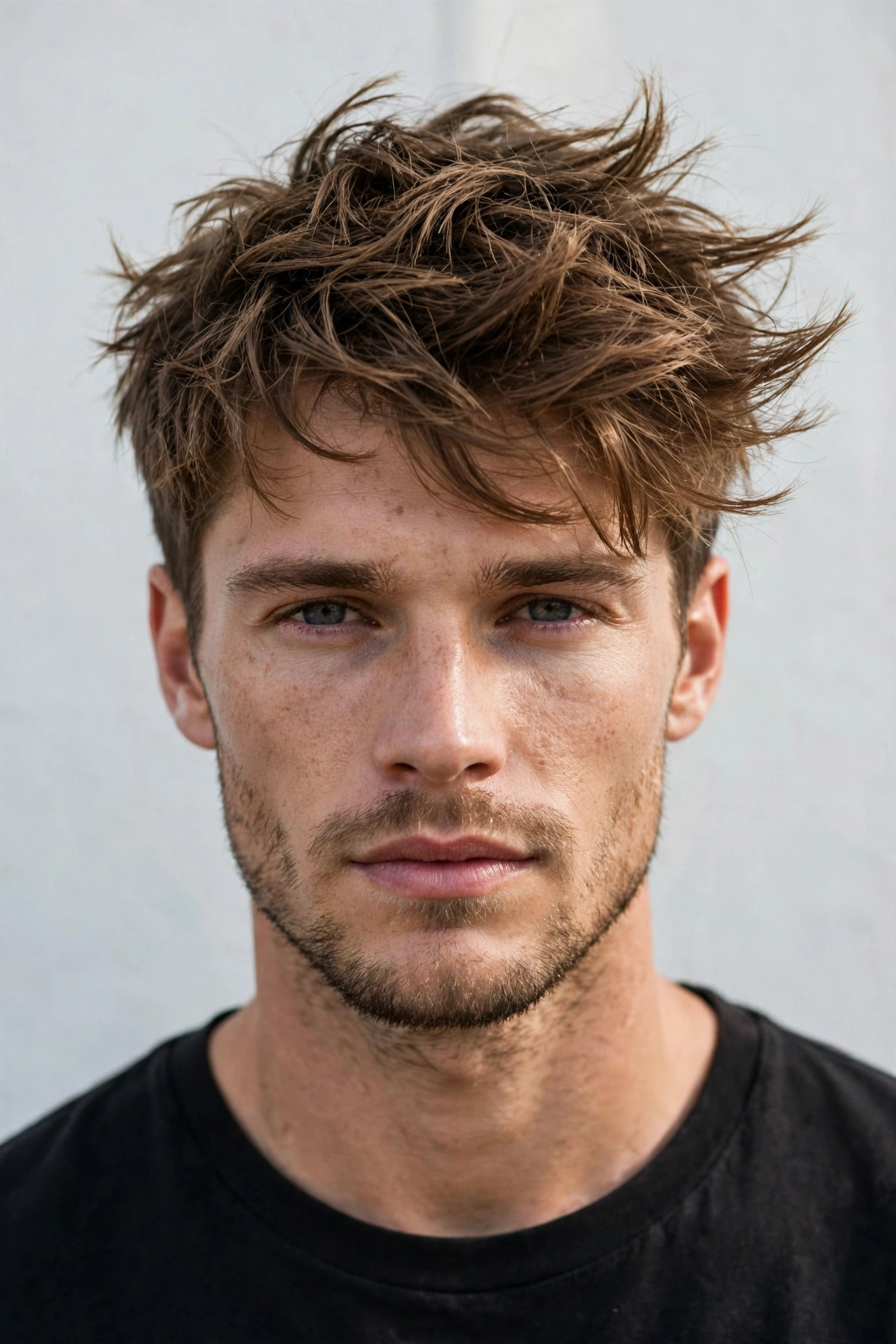 male model with tousled textured warrior cut, windswept messy top, natural daylight portrait