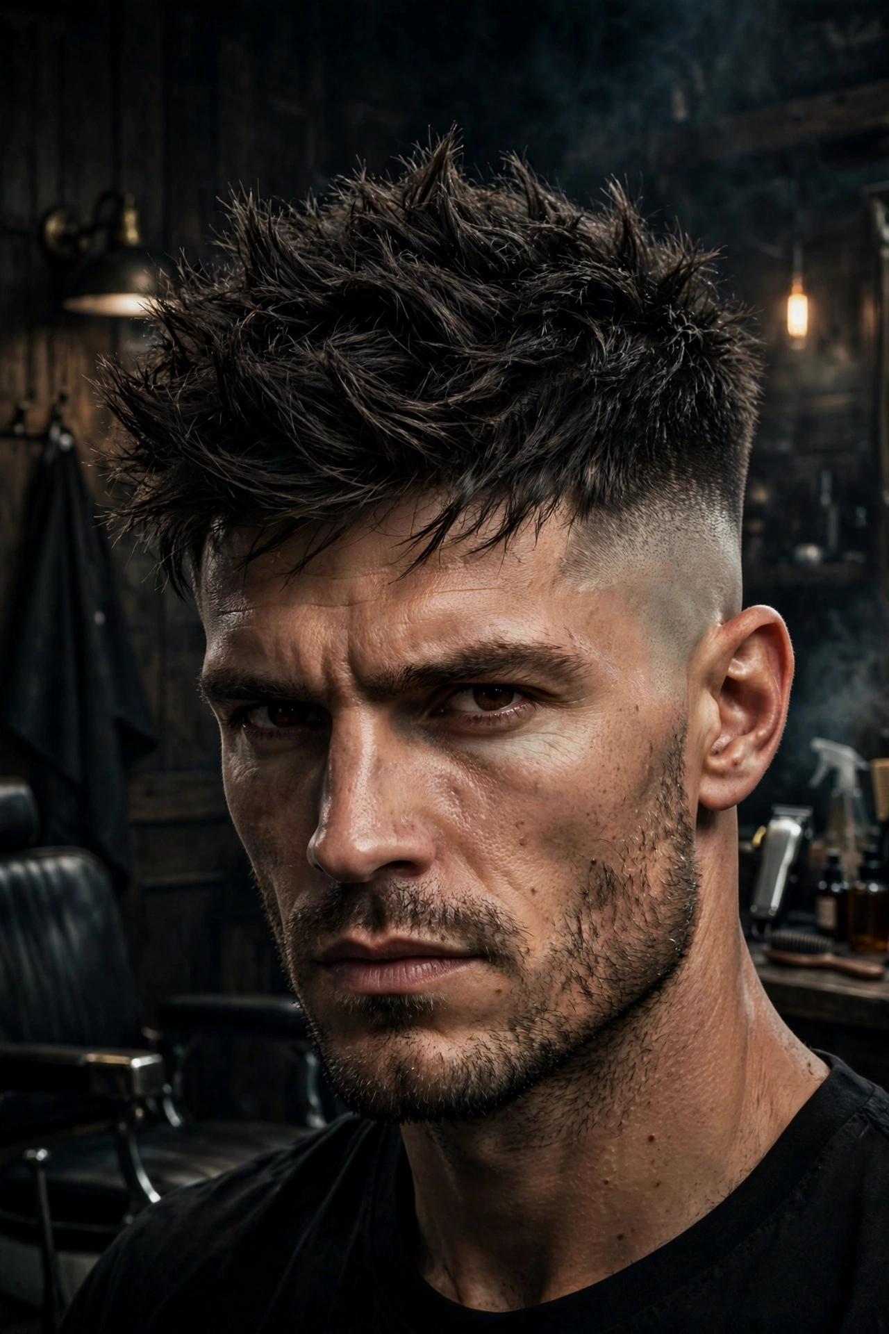 male model with warrior cut and skin fade sides, dramatic contrast, dark barbershop background