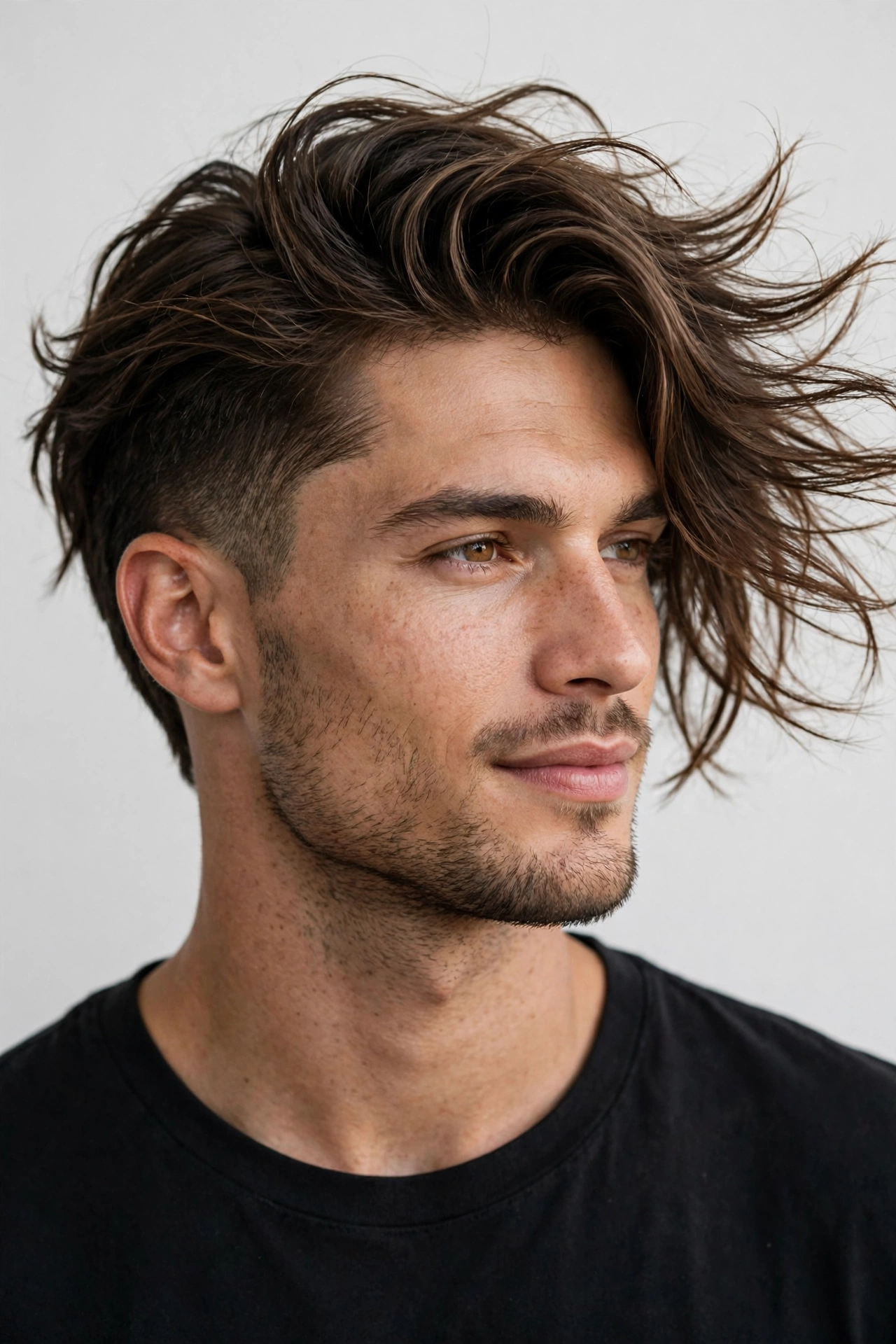 male model with longer warrior cut, flowing textured top past four inches, editorial style photo