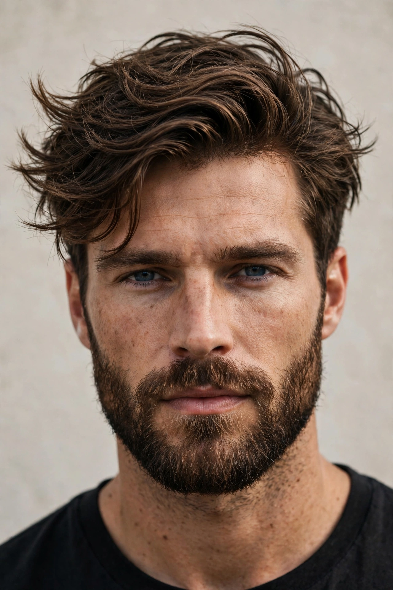 bearded male model with warrior cut, textured top paired with full shaped beard