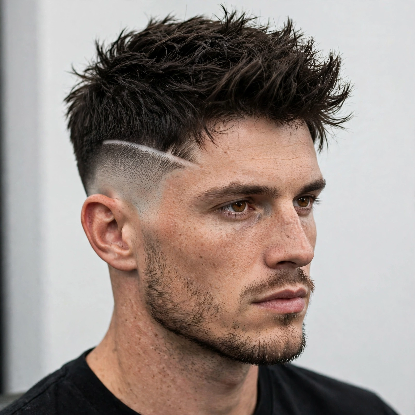 male model with warrior cut featuring a sharp hard part line, defined and precise