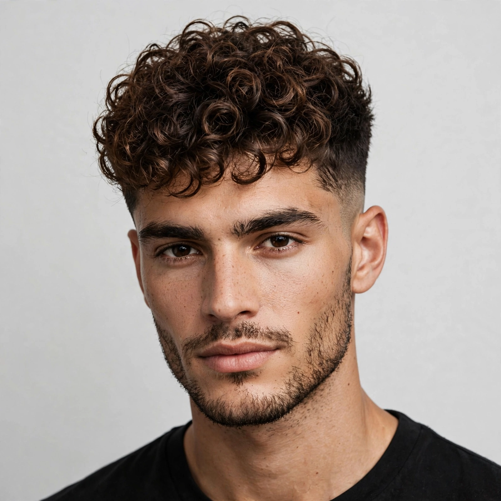 male model with curly hair in a warrior cut, defined curls on textured top, tapered sides