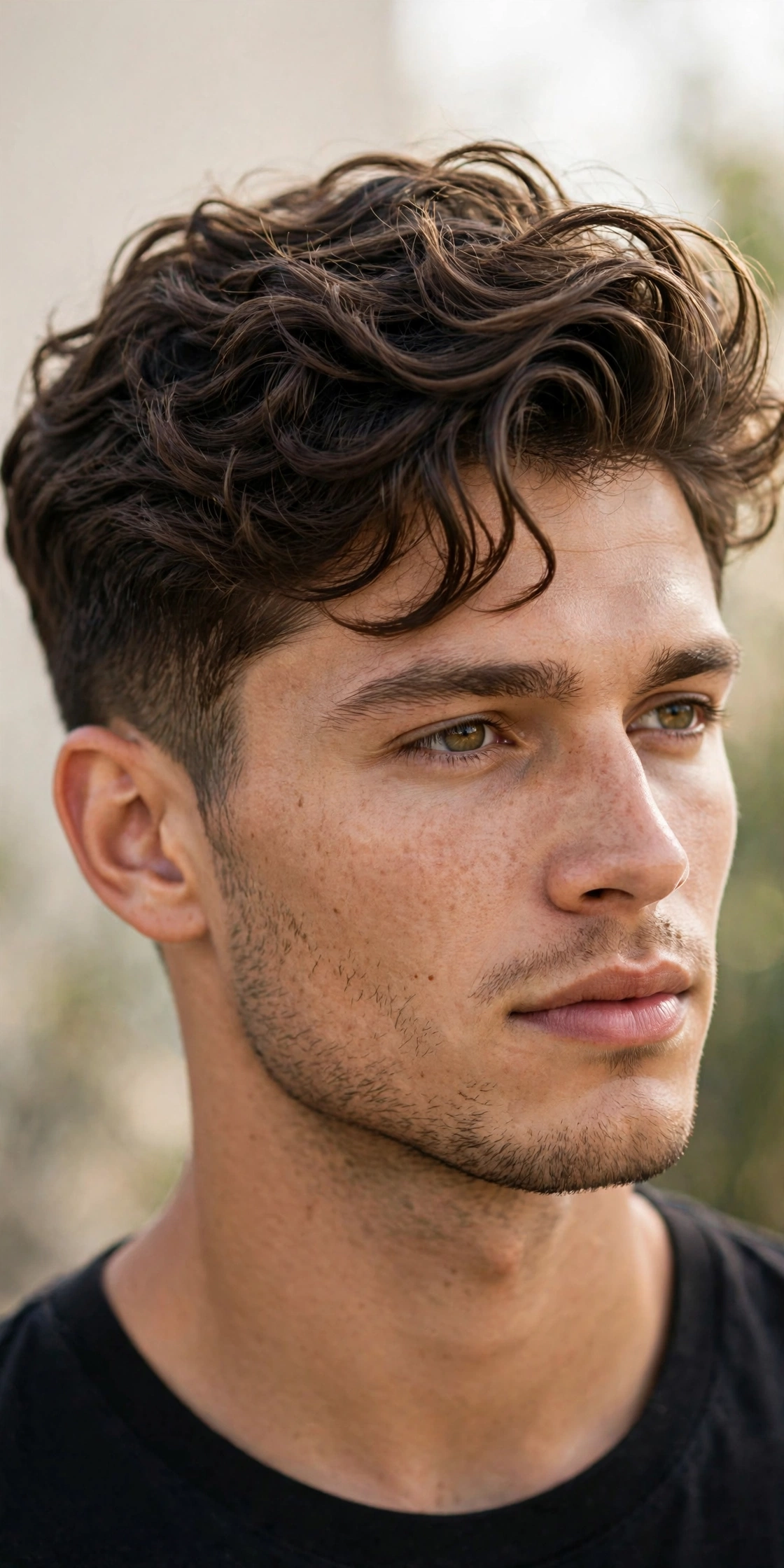 male model with wavy warrior cut, natural waves with movement on top, soft outdoor light