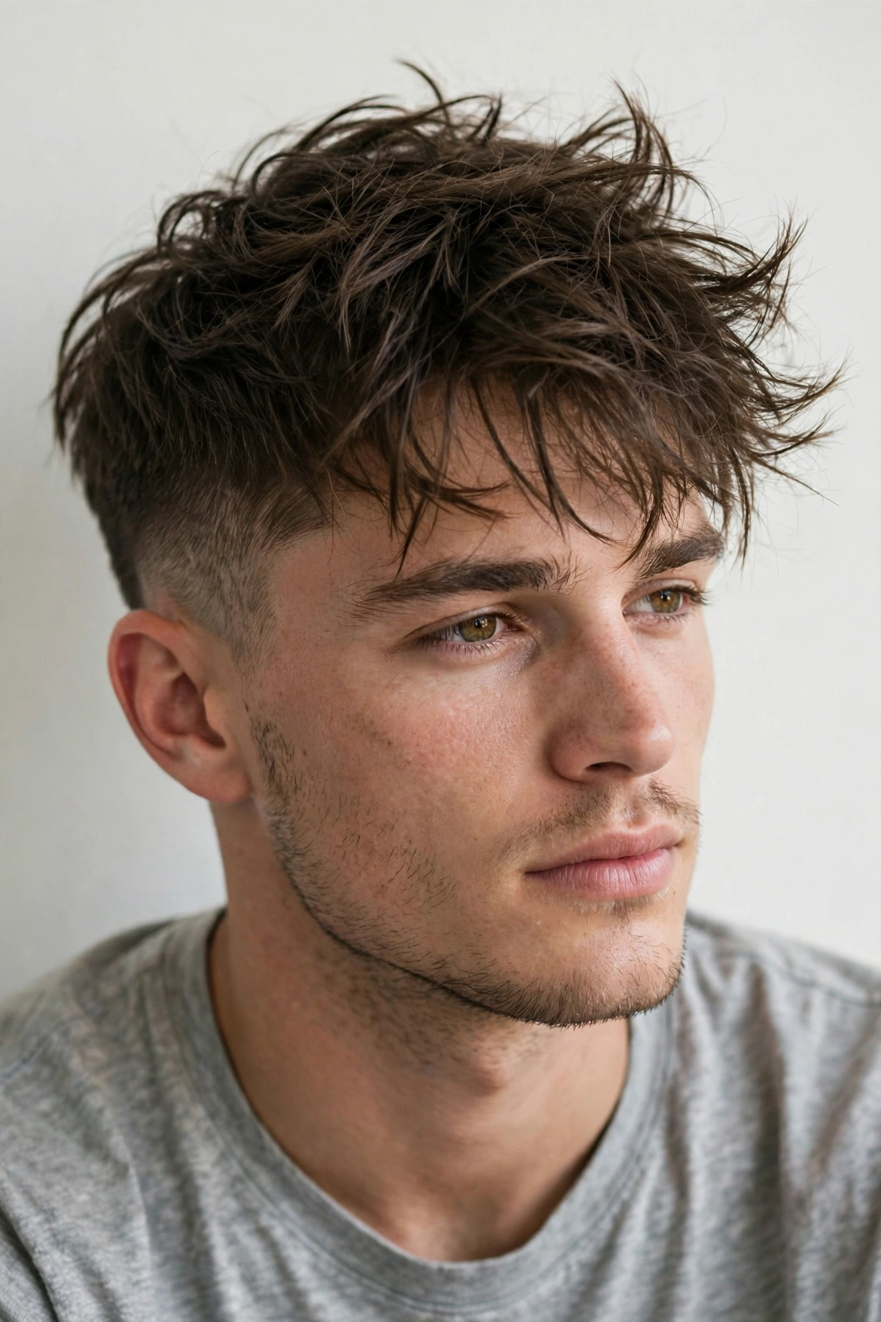 male model with messy bedhead warrior cut, deliberately undone tousled texture, casual photo