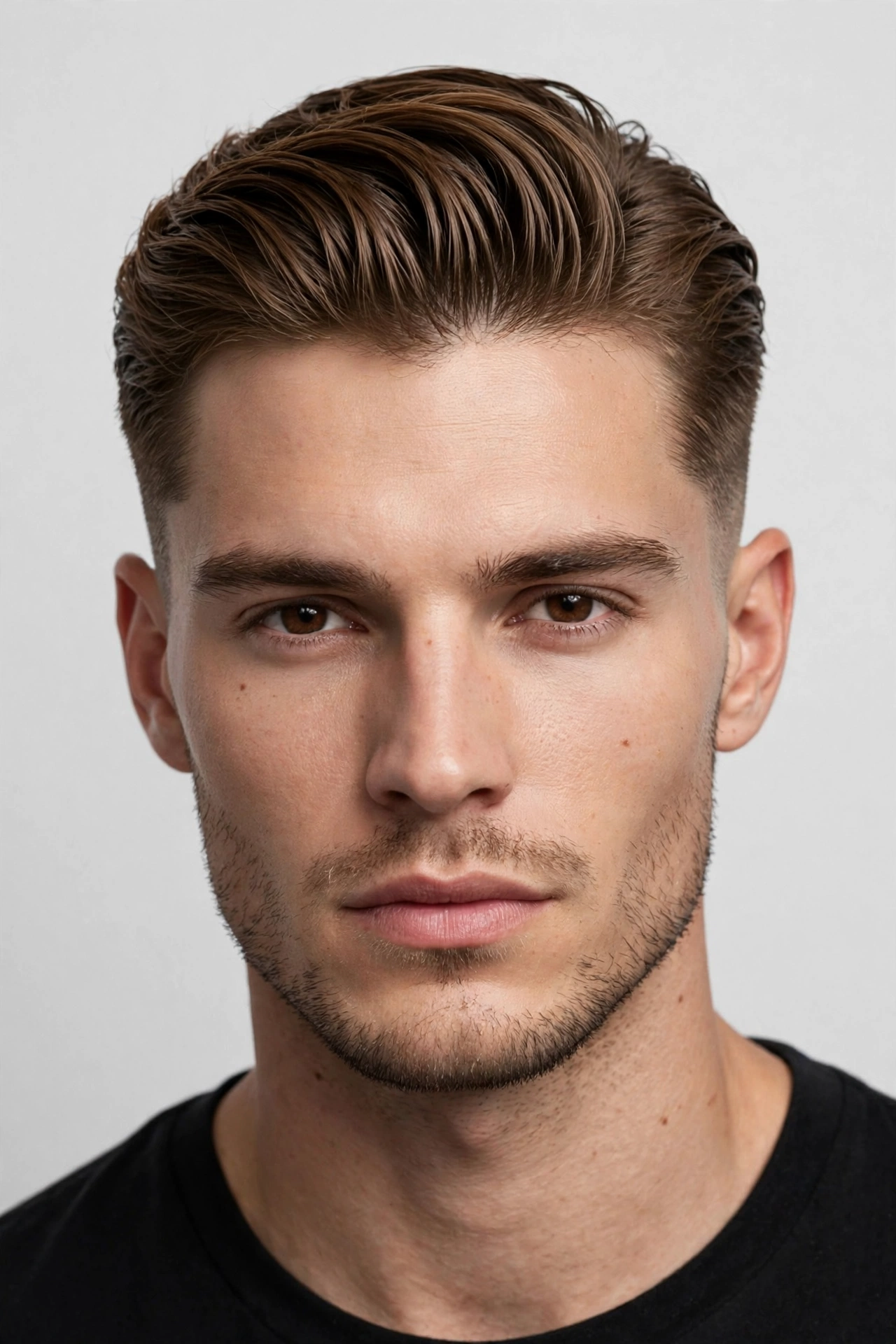 male model with warrior cut styled sleek and slicked back, polished yet textured, studio light