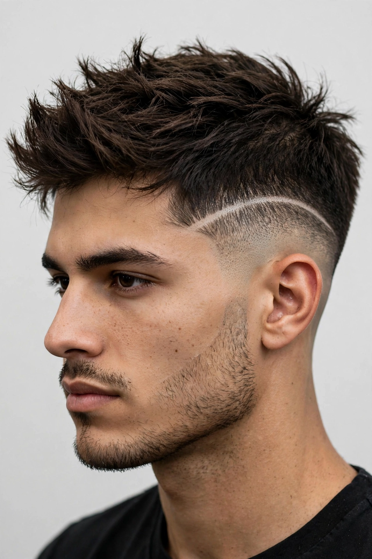 male model with warrior cut featuring shaved design lines in the fade, barbershop detail shot