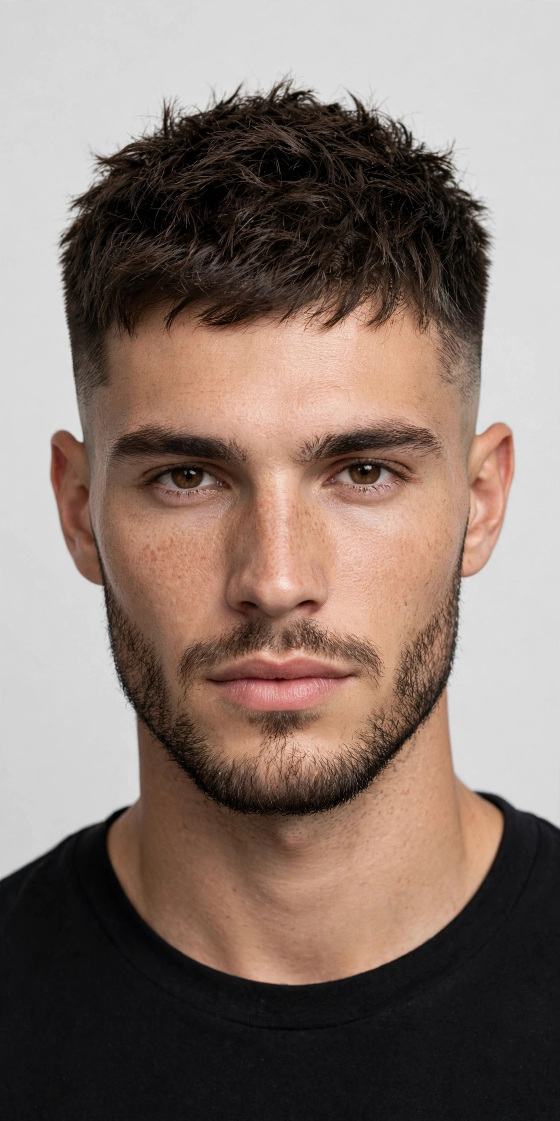 male model with short crop warrior cut, tight textured top with sharp taper, clean background
