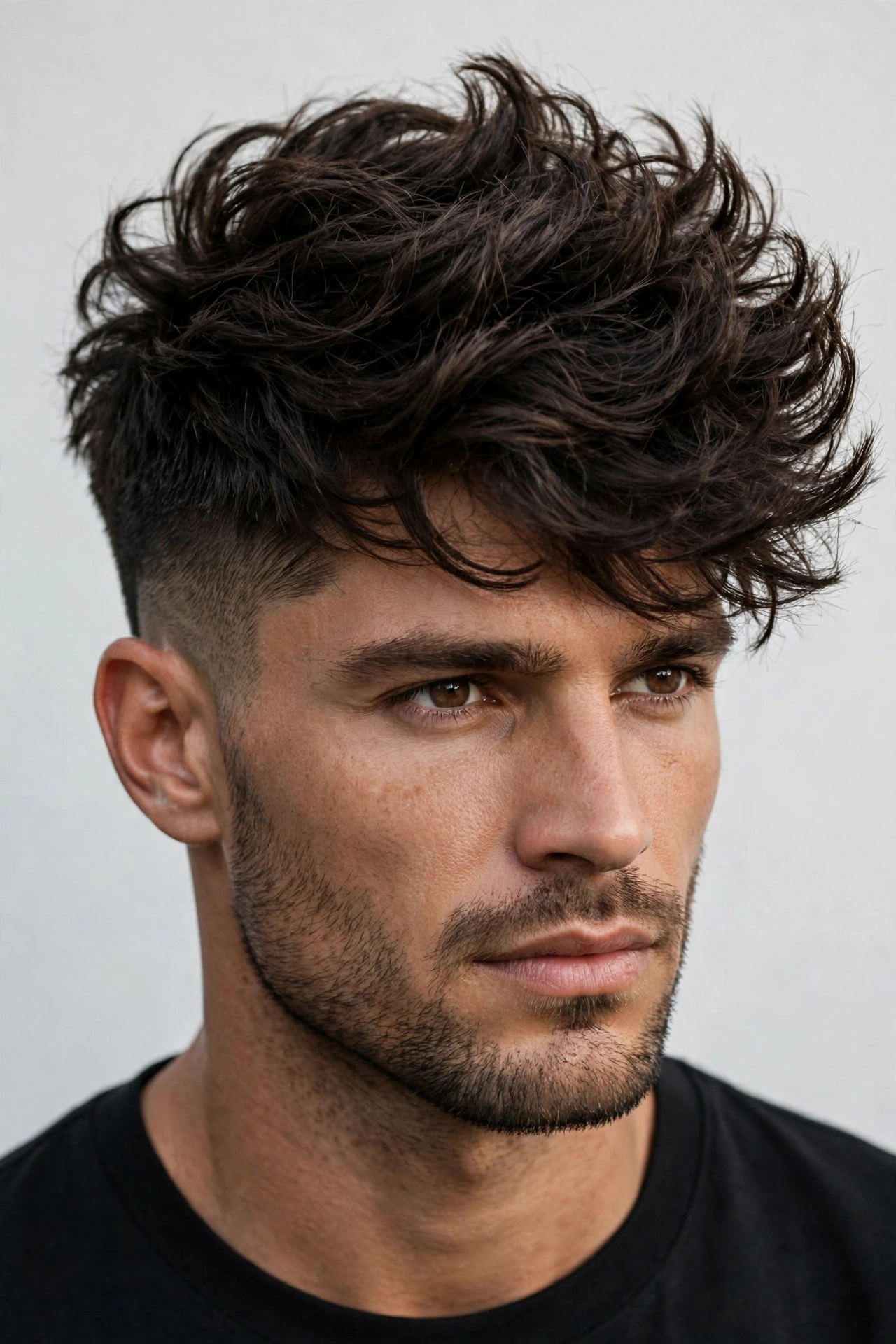 male model with thick hair in a warrior cut, full textured volume on top, controlled sides