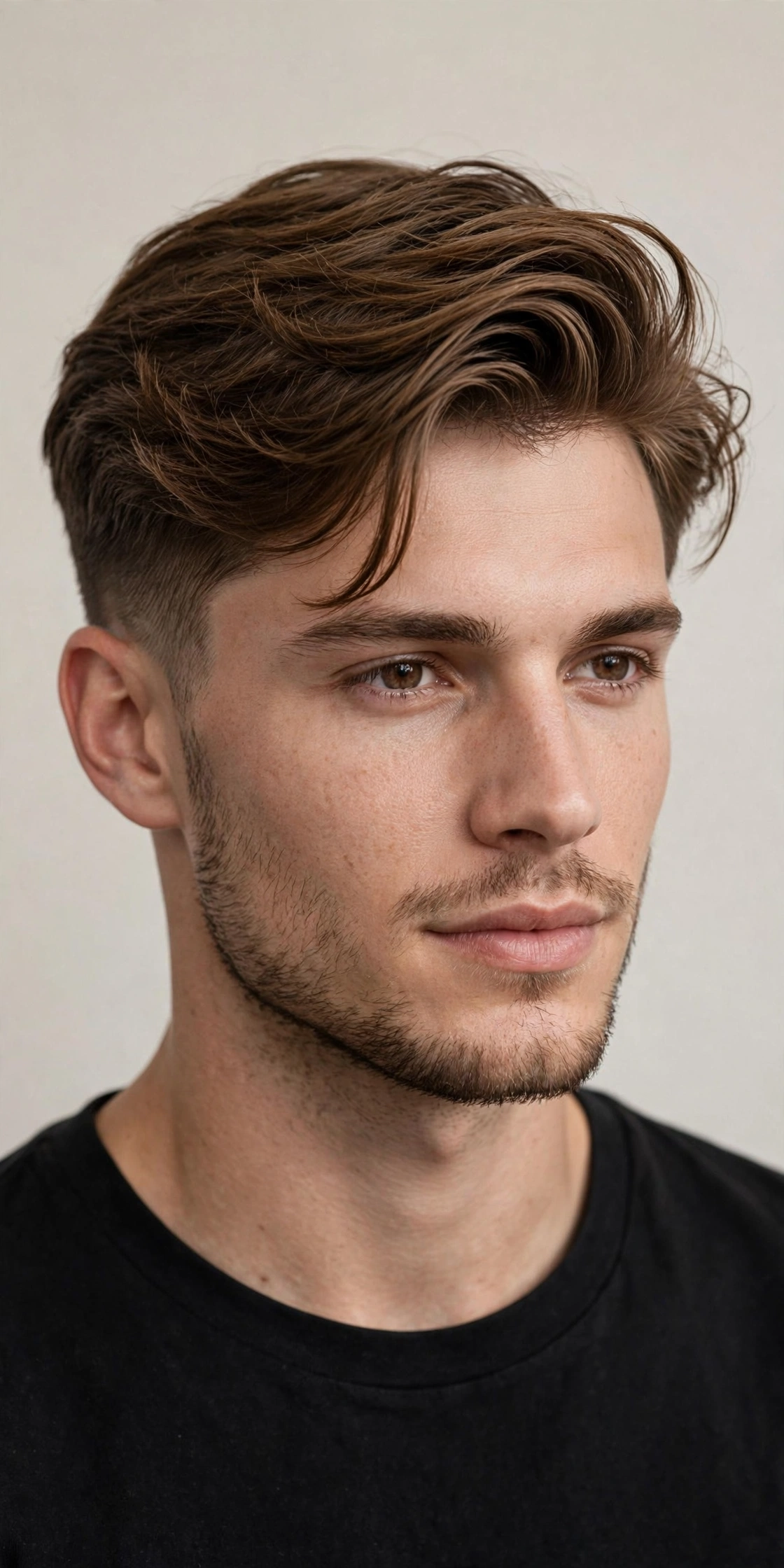 male model with warrior cut styled in a side sweep, hair swept to one side, soft studio portrait