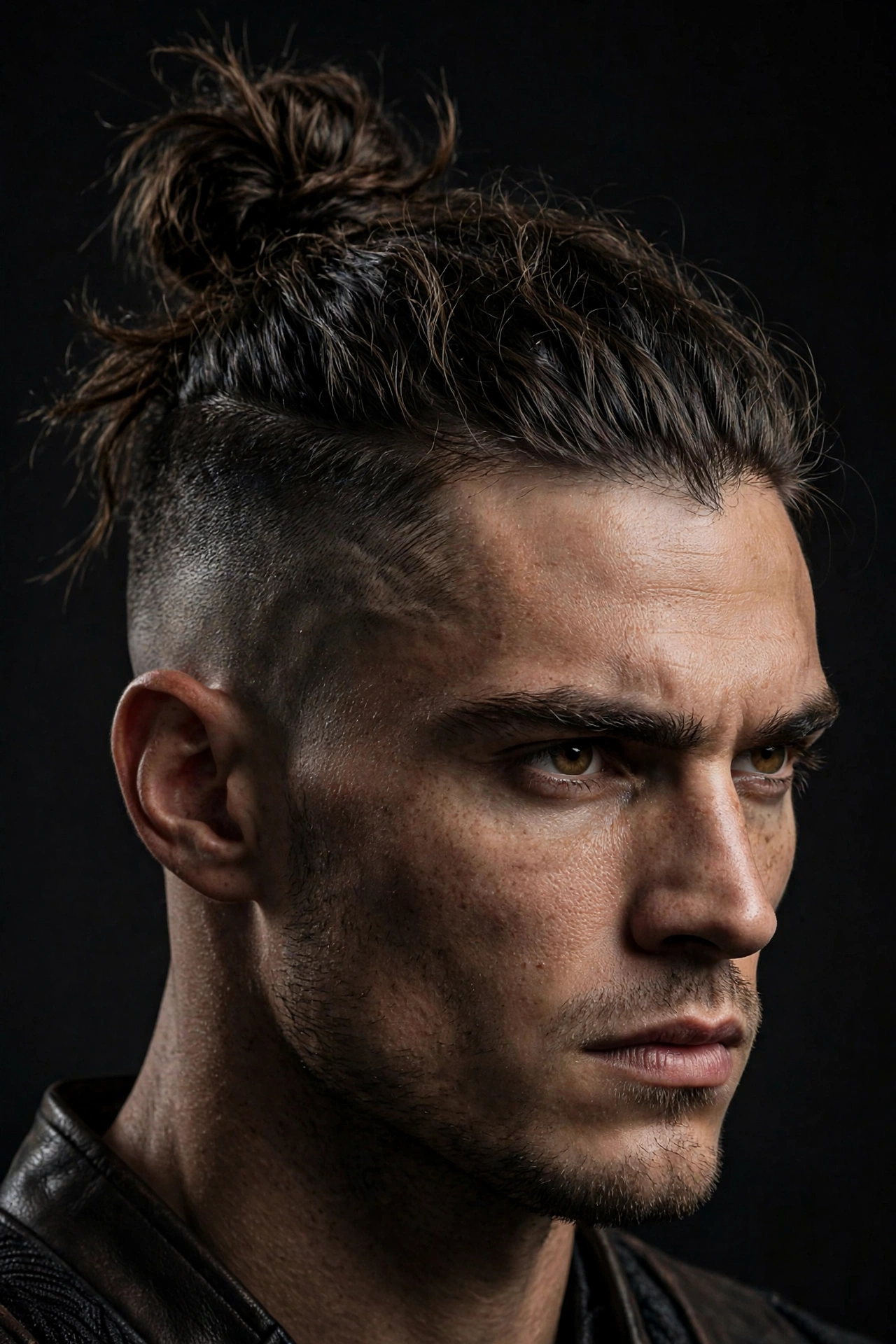 male model with long warrior cut tied in a top knot, shaved tapered sides, dramatic portrait
