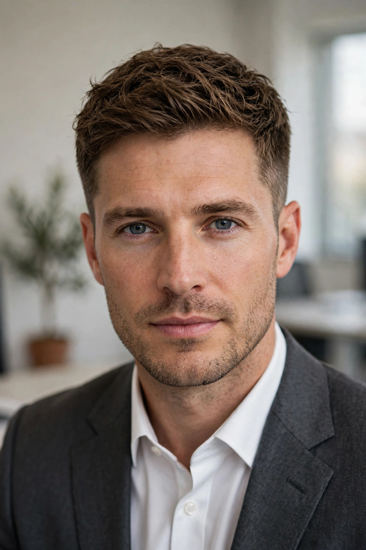 male model with subtle office-appropriate warrior cut, neat textured top, professional attire