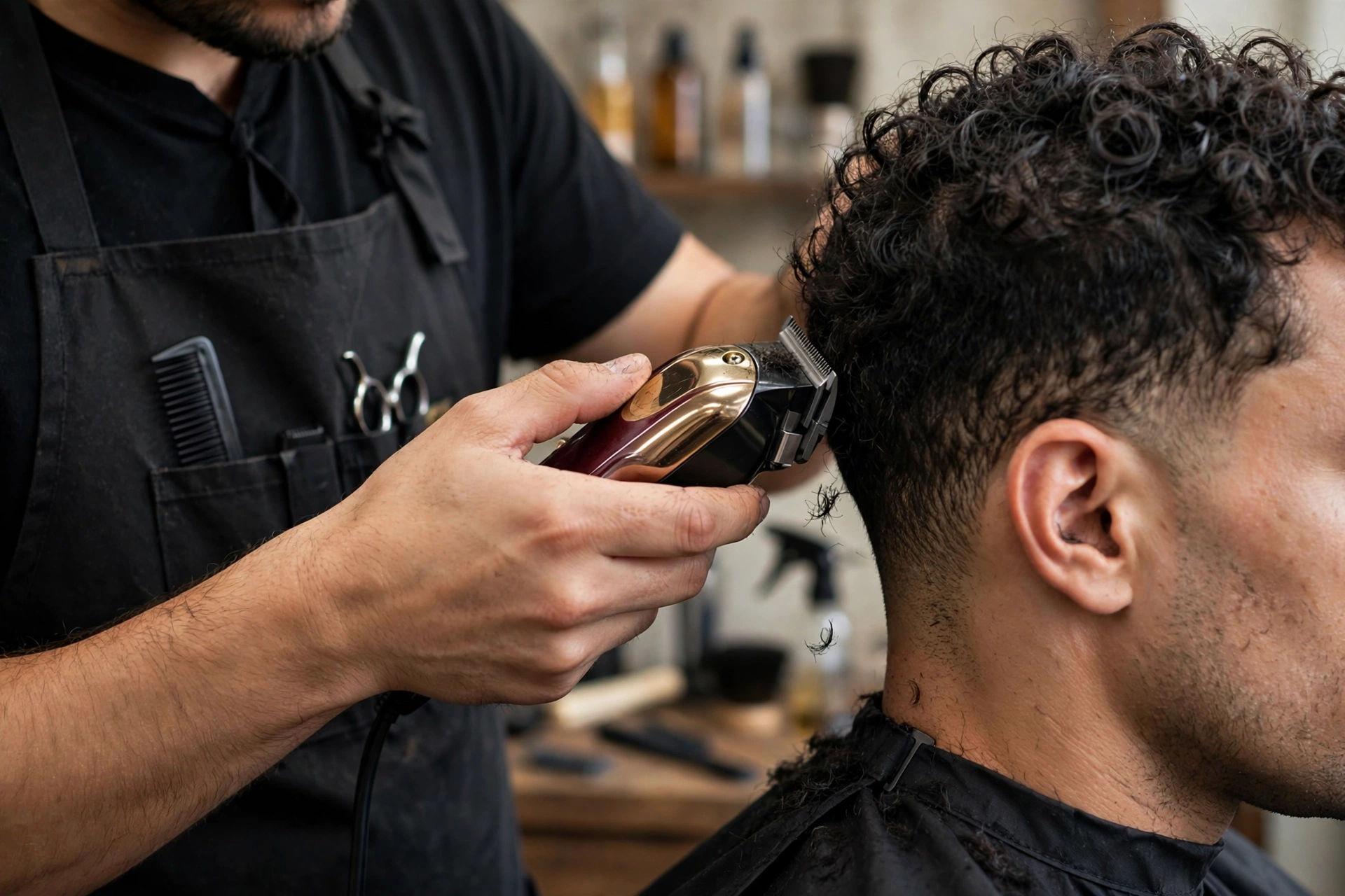 barber trimming a man's warrior cut with clippers, maintenance trim in progress