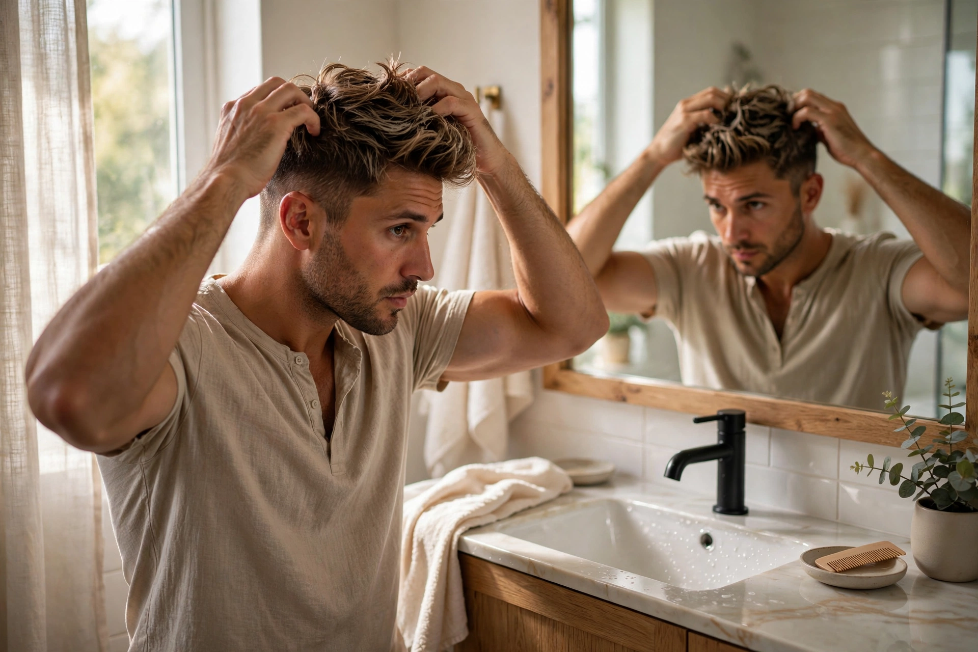 man styling his warrior cut at home in front of mirror, applying matte clay