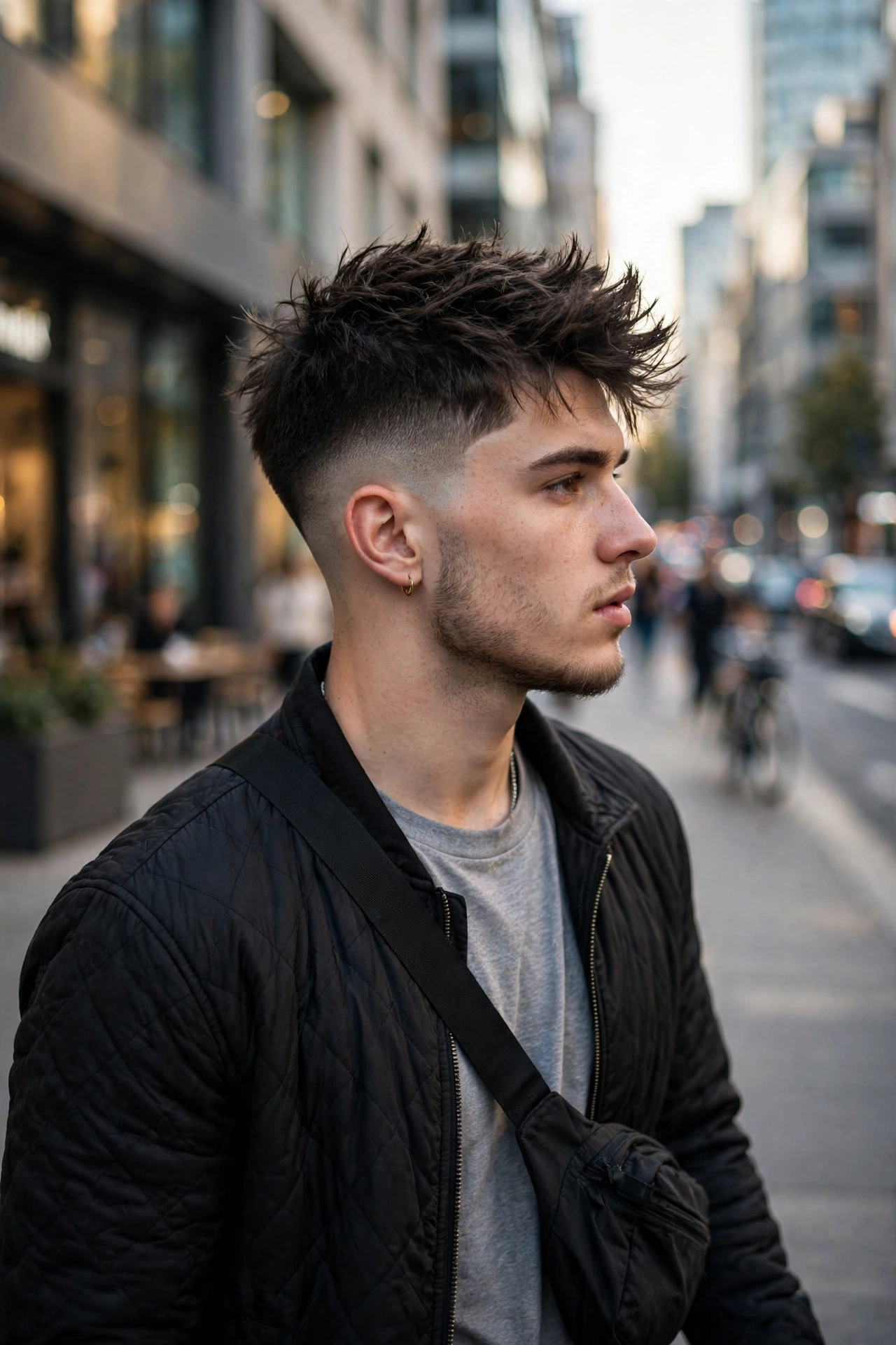 street style photo of men with warrior cut hairstyles in 2026, urban setting