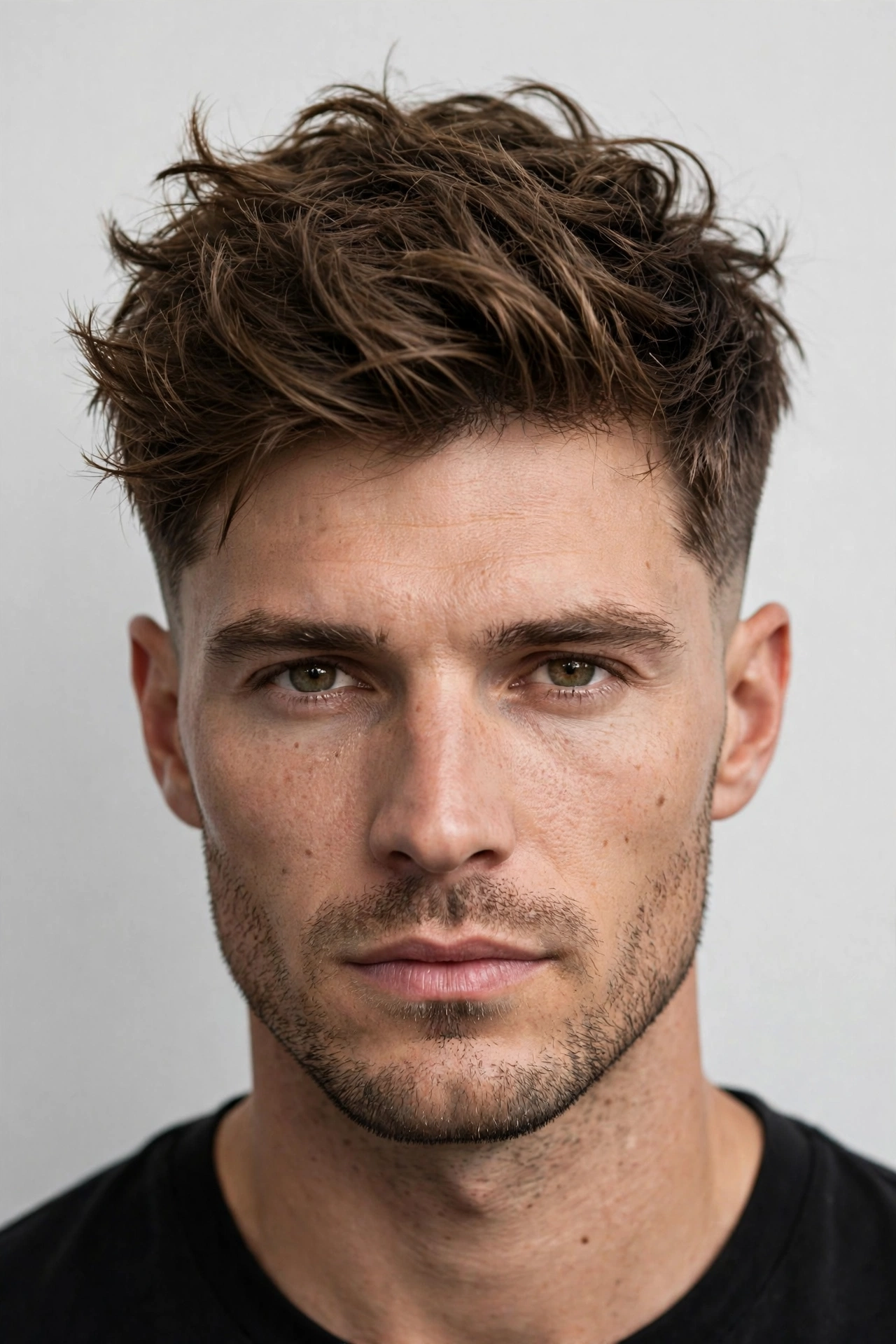 male model with a classic warrior cut, textured medium-length top with tapered sides, barbershop portrait