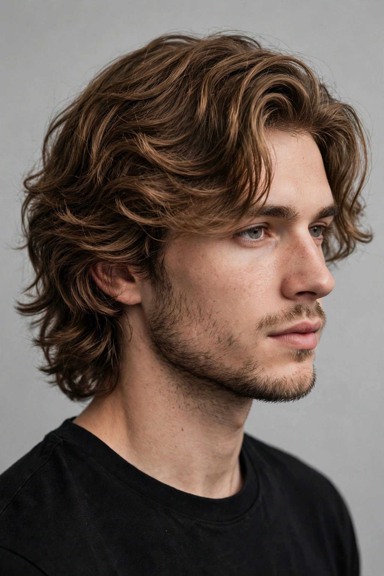 Natural wavy flow haircut men, shoulder length soft S-waves with effortless movement
