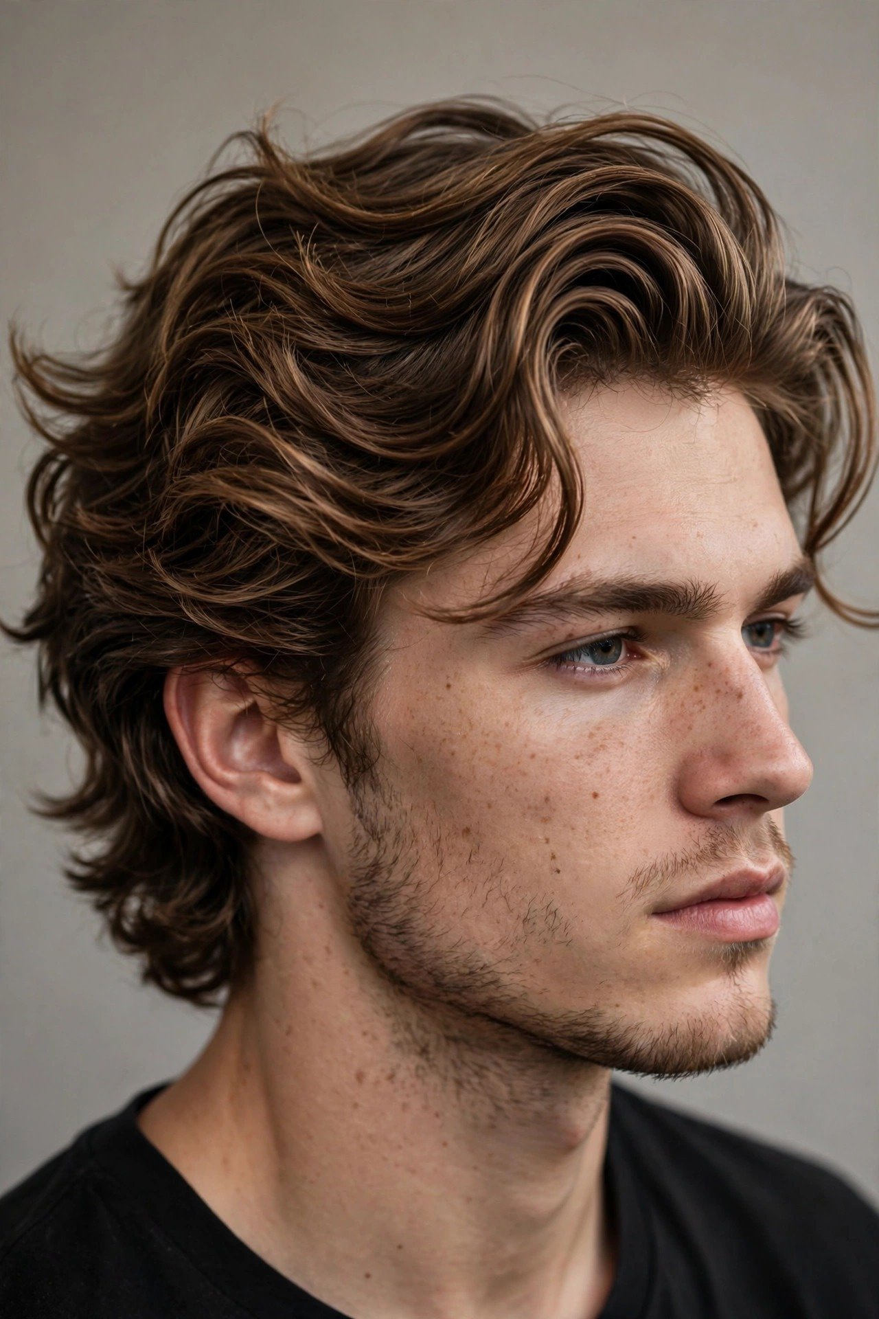 Wavy bro flow haircut men, medium length waves swept back with natural volume