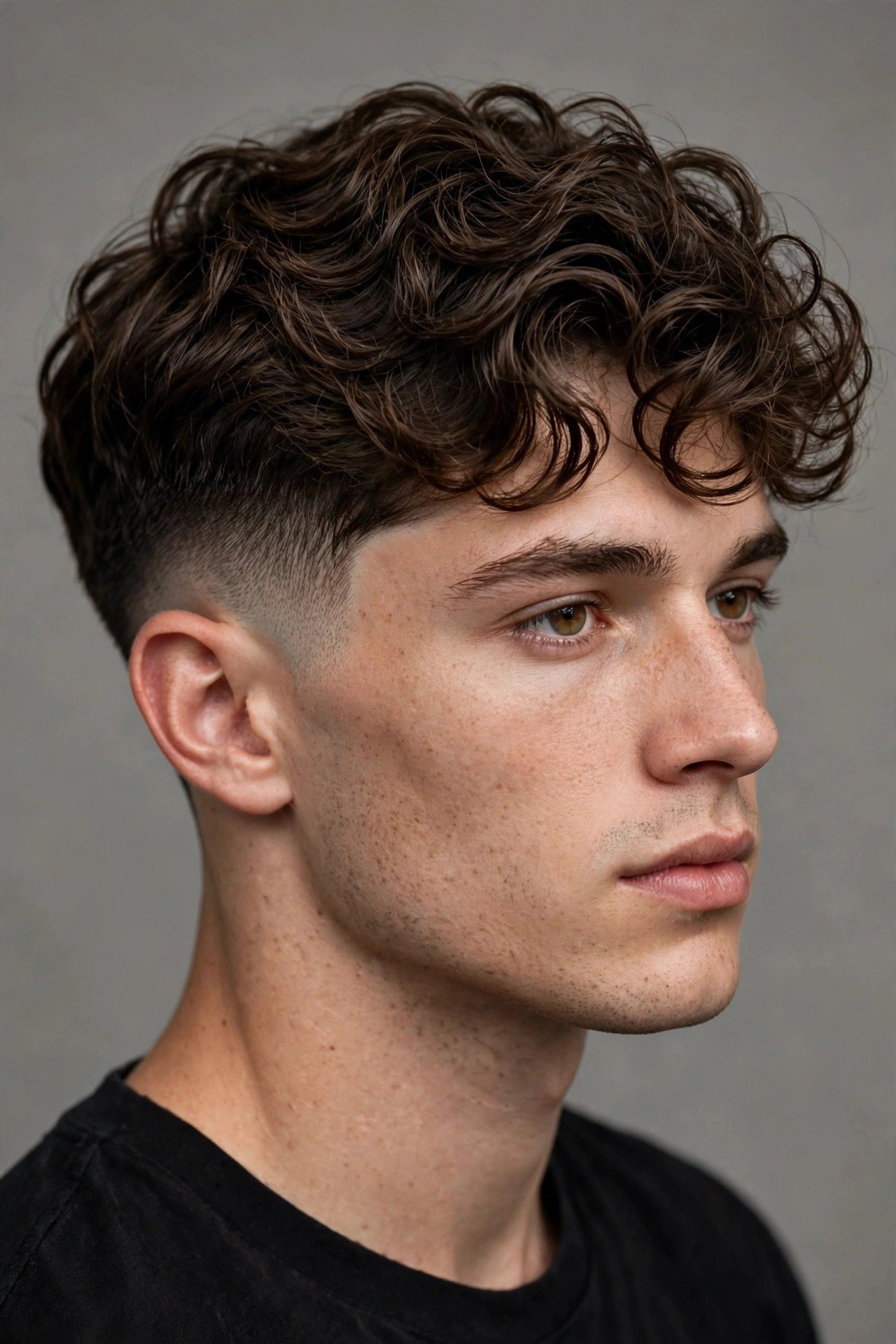 Wavy taper fade haircut men, defined natural waves on top with clean low taper fade