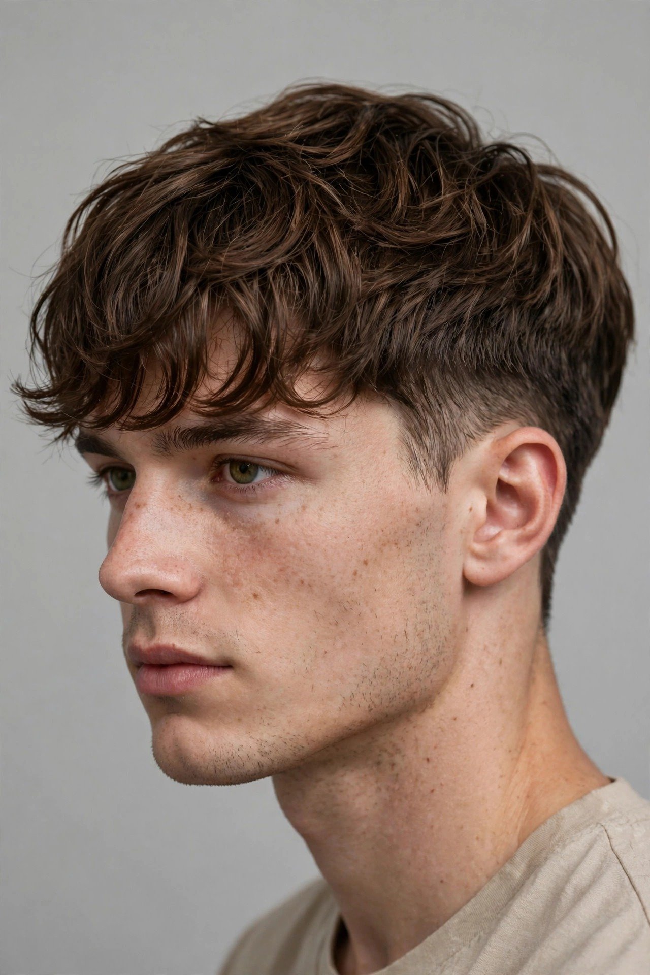 Wavy fringe haircut men, textured forward falling wavy fringe with natural volume