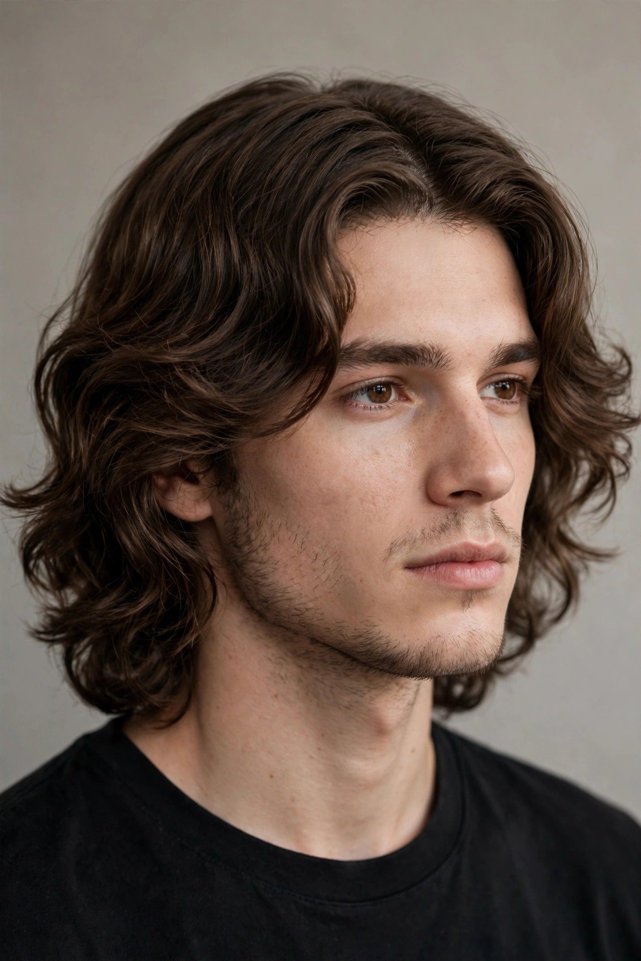 Wavy middle part haircut men, soft center parted waves falling naturally