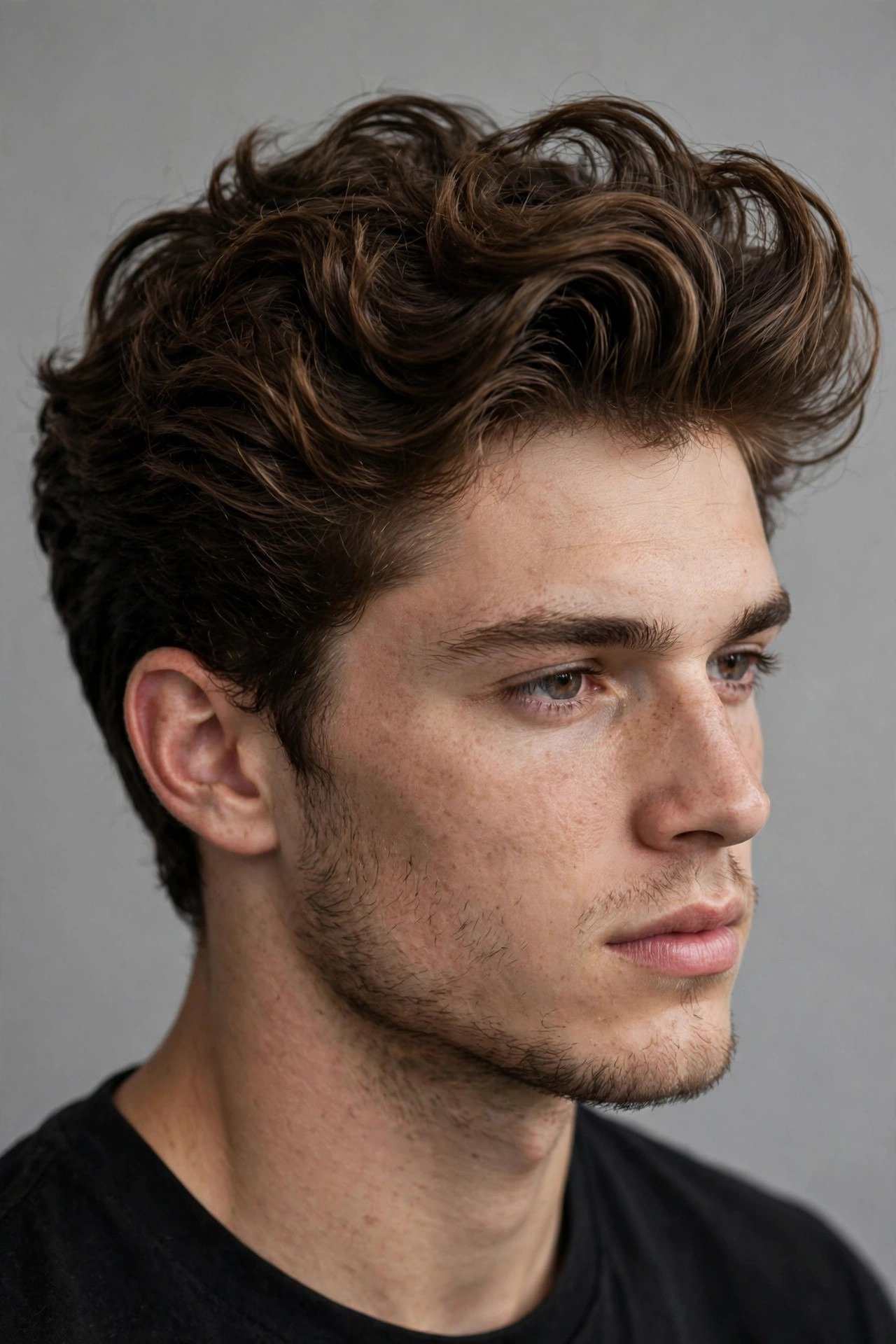 Wavy quiff haircut men, lifted voluminous wavy front with natural texture