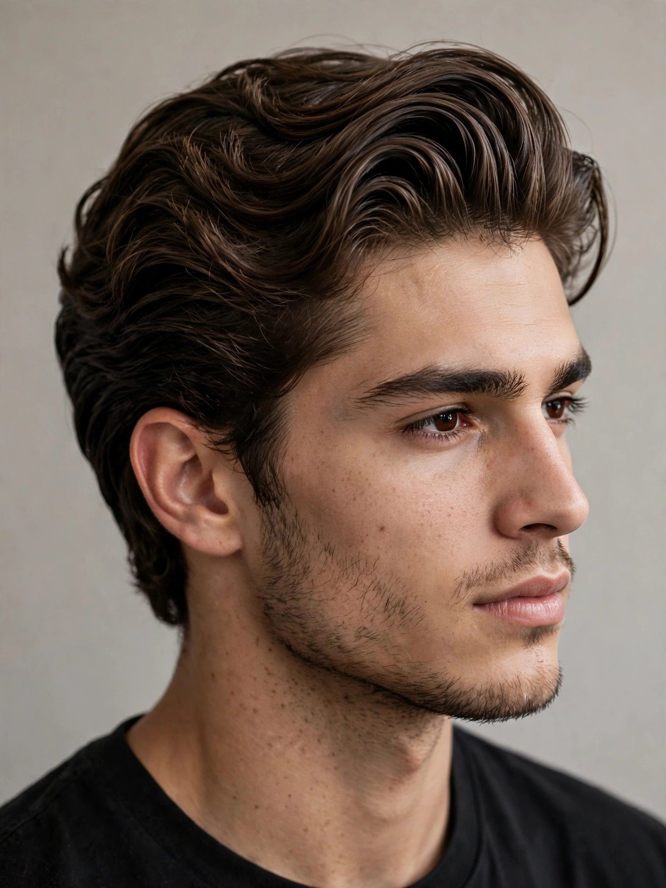Loose wavy slick back haircut men, waves swept back with soft volume and movement