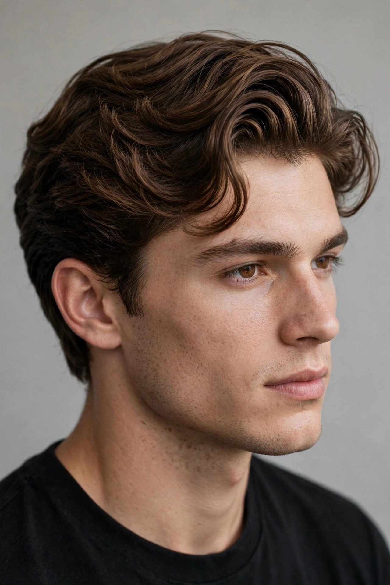 Wavy side part haircut men, classic side part with natural wave texture and volume